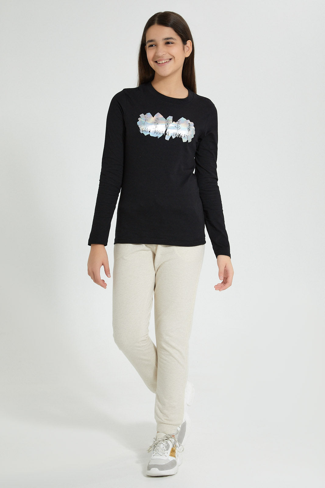 Redtag-Black-Long-Sleeve-Graphic-T-Shirts-Graphic-Prints-Senior-Girls-9 to 14 Years