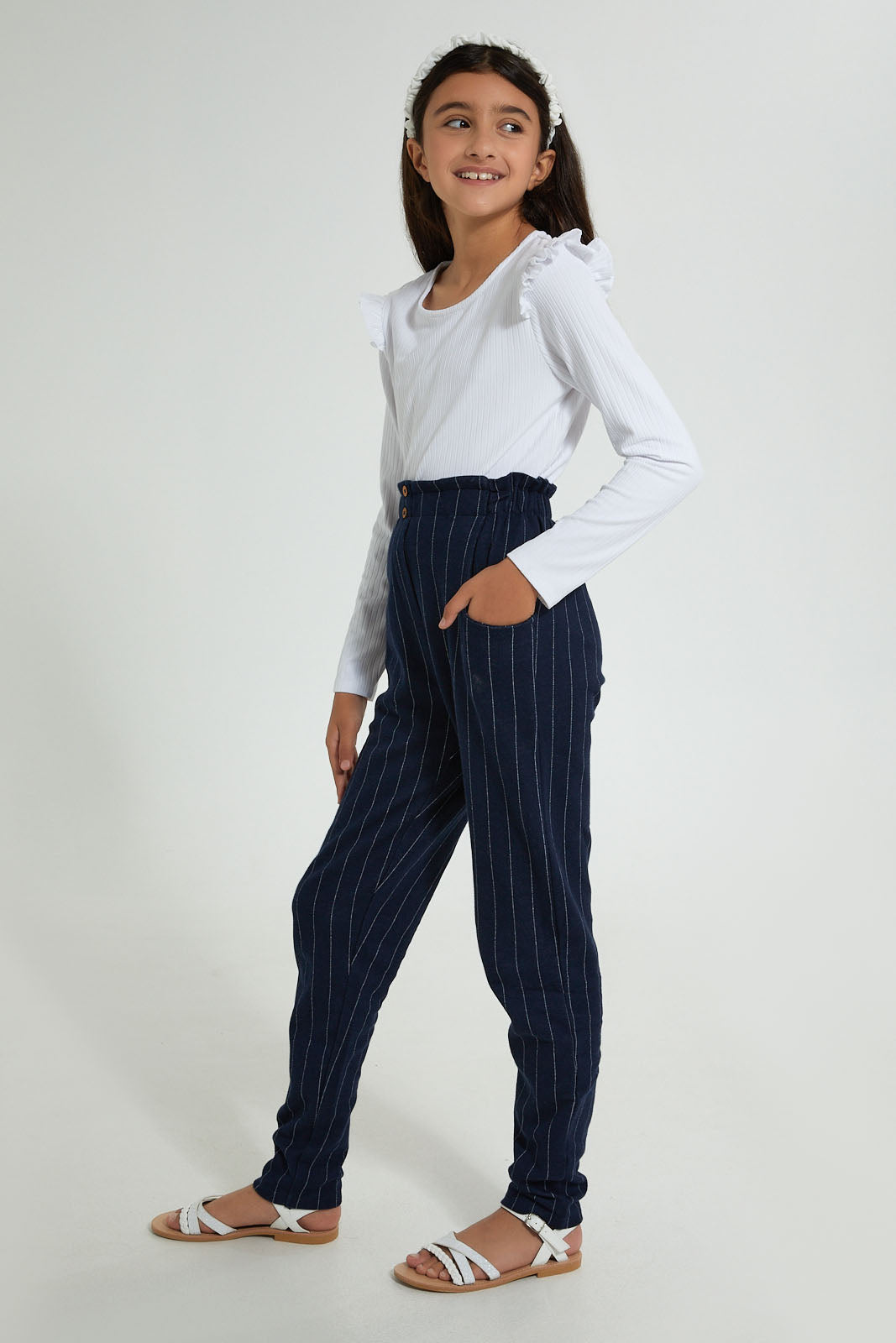 Redtag-Black-White-Stripes-Plaid-Trouser-Cargo-Pants-Senior-Girls-9 to 14 Years