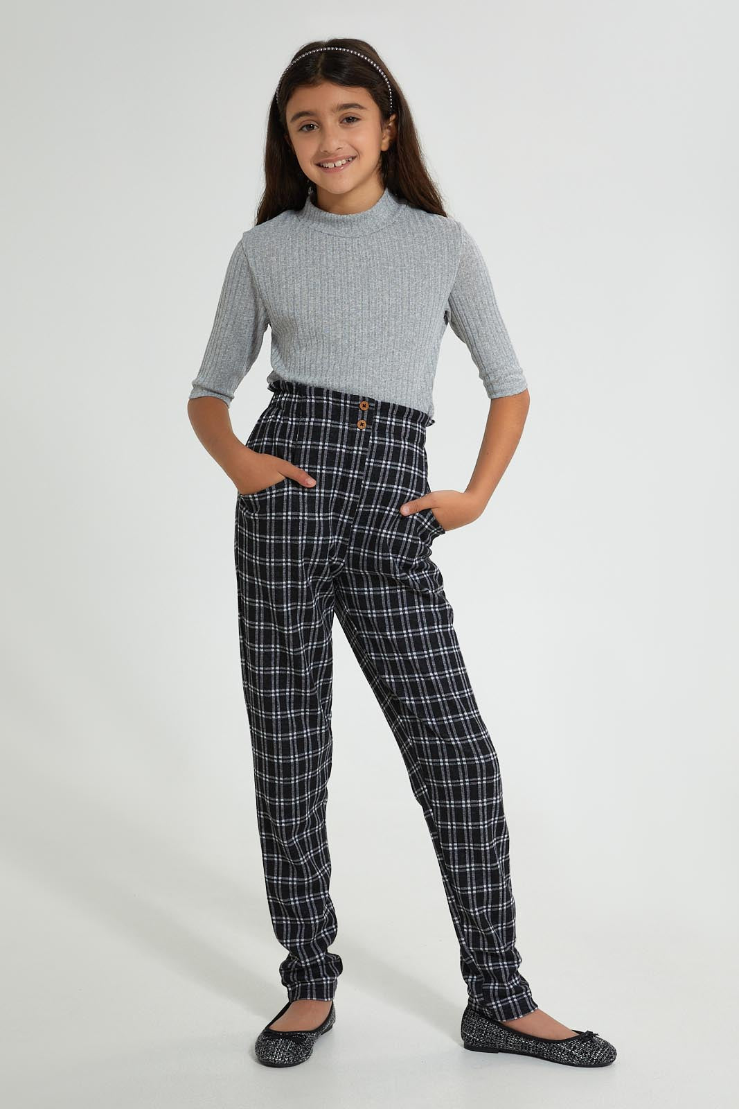 Redtag-Grey/White-Stripes-Plaid-Trouser-Cargo-Pants-Senior-Girls-9 to 14 Years