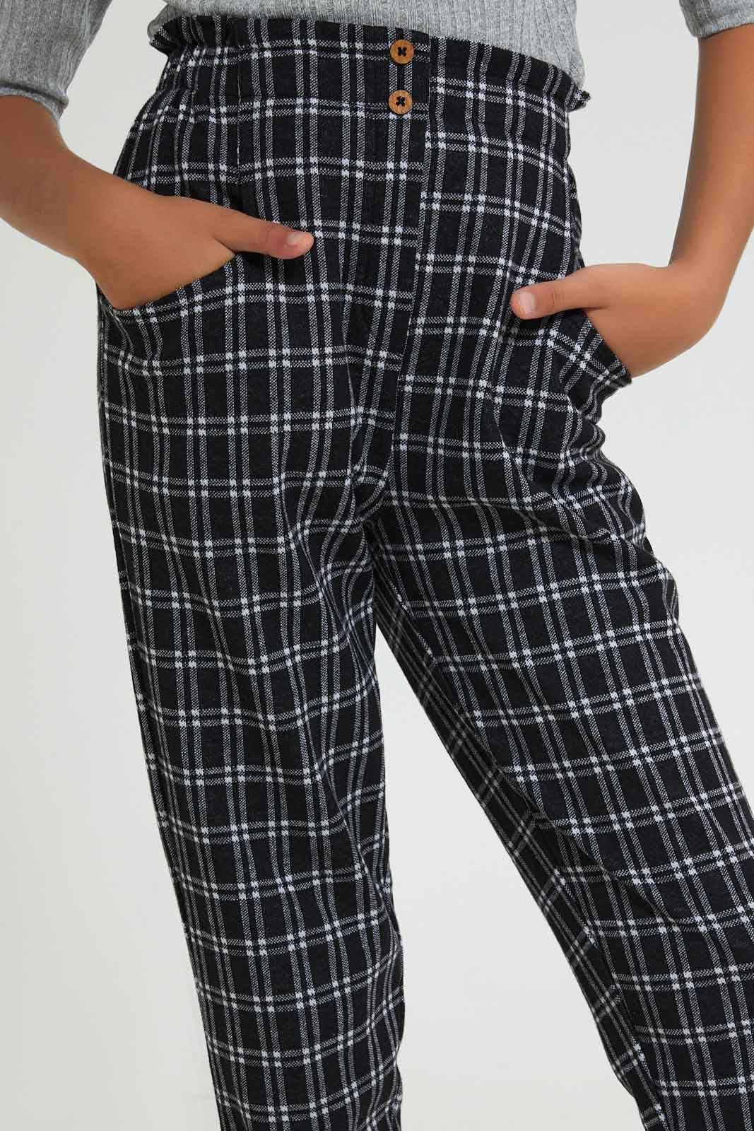 Redtag-Grey/White-Stripes-Plaid-Trouser-Cargo-Pants-Senior-Girls-9 to 14 Years