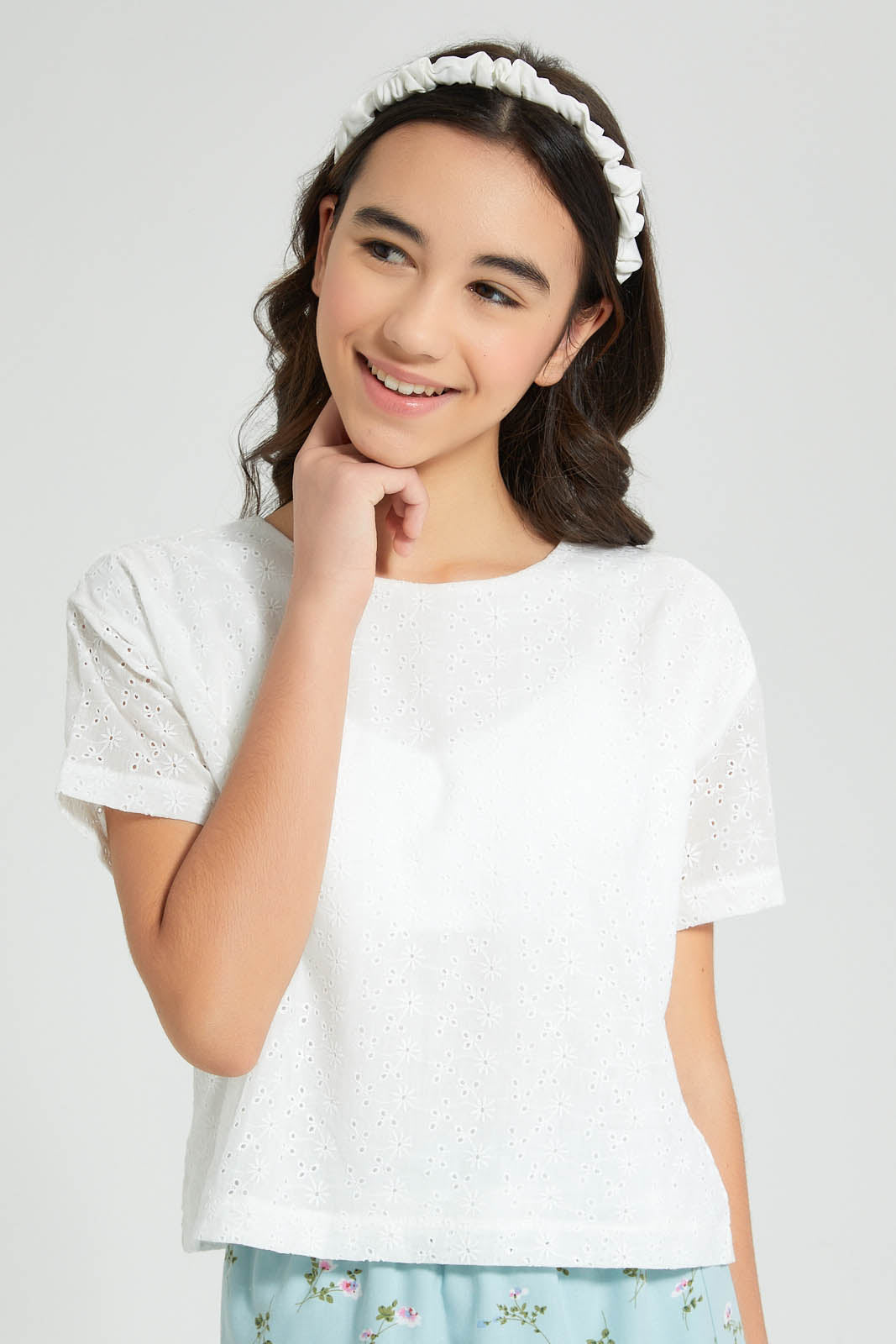 Redtag-White-Chiffly-Crop-Top-Blouses-Senior-Girls-9 to 14 Years