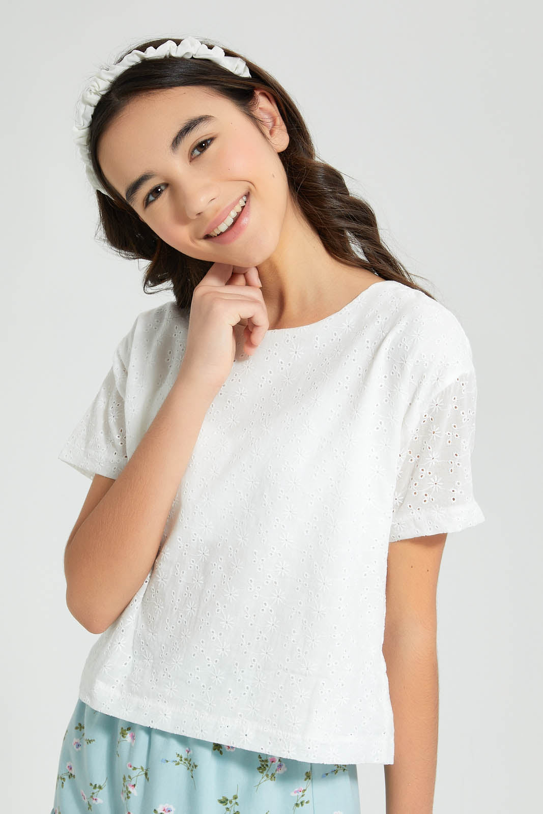 Redtag-White-Chiffly-Crop-Top-Blouses-Senior-Girls-9 to 14 Years