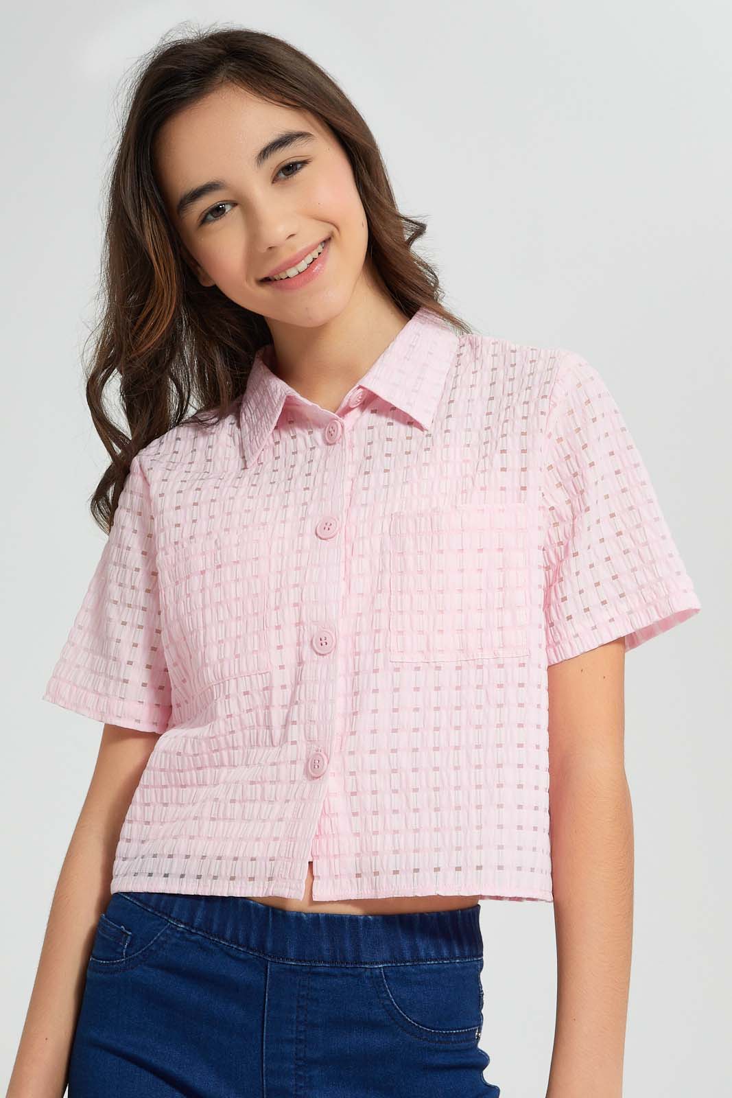 Redtag-Pink-Organza-Crop-Shirt-Blouses-Senior-Girls-9 to 14 Years