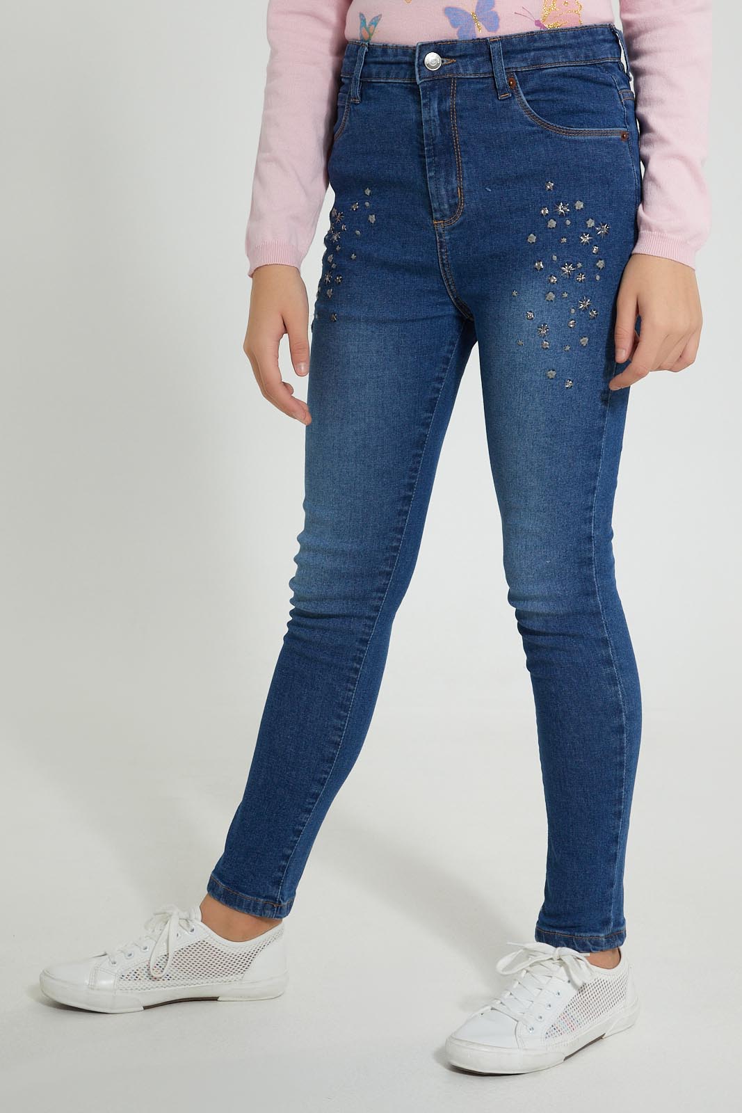 Redtag-Meduim-Wash-Skinny-High-Rise-Jean-With-Embroidery-Jeans-Skinny-Fit-Senior-Girls-9 to 14 Years