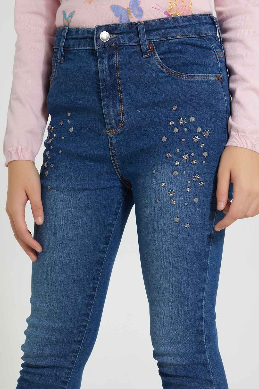 Redtag-Meduim-Wash-Skinny-High-Rise-Jean-With-Embroidery-Jeans-Skinny-Fit-Senior-Girls-9 to 14 Years