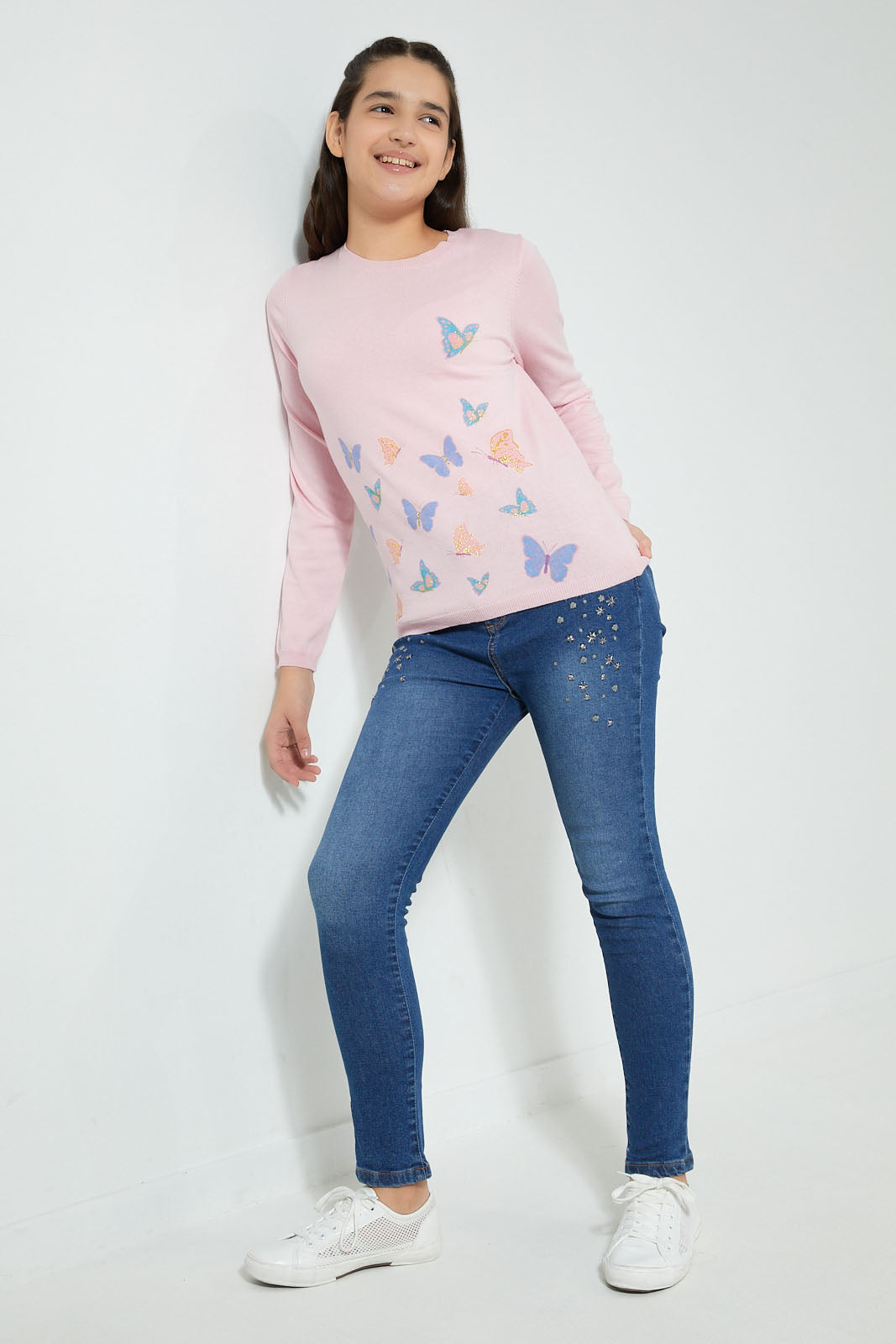 Redtag-Meduim-Wash-Skinny-High-Rise-Jean-With-Embroidery-Jeans-Skinny-Fit-Senior-Girls-9 to 14 Years