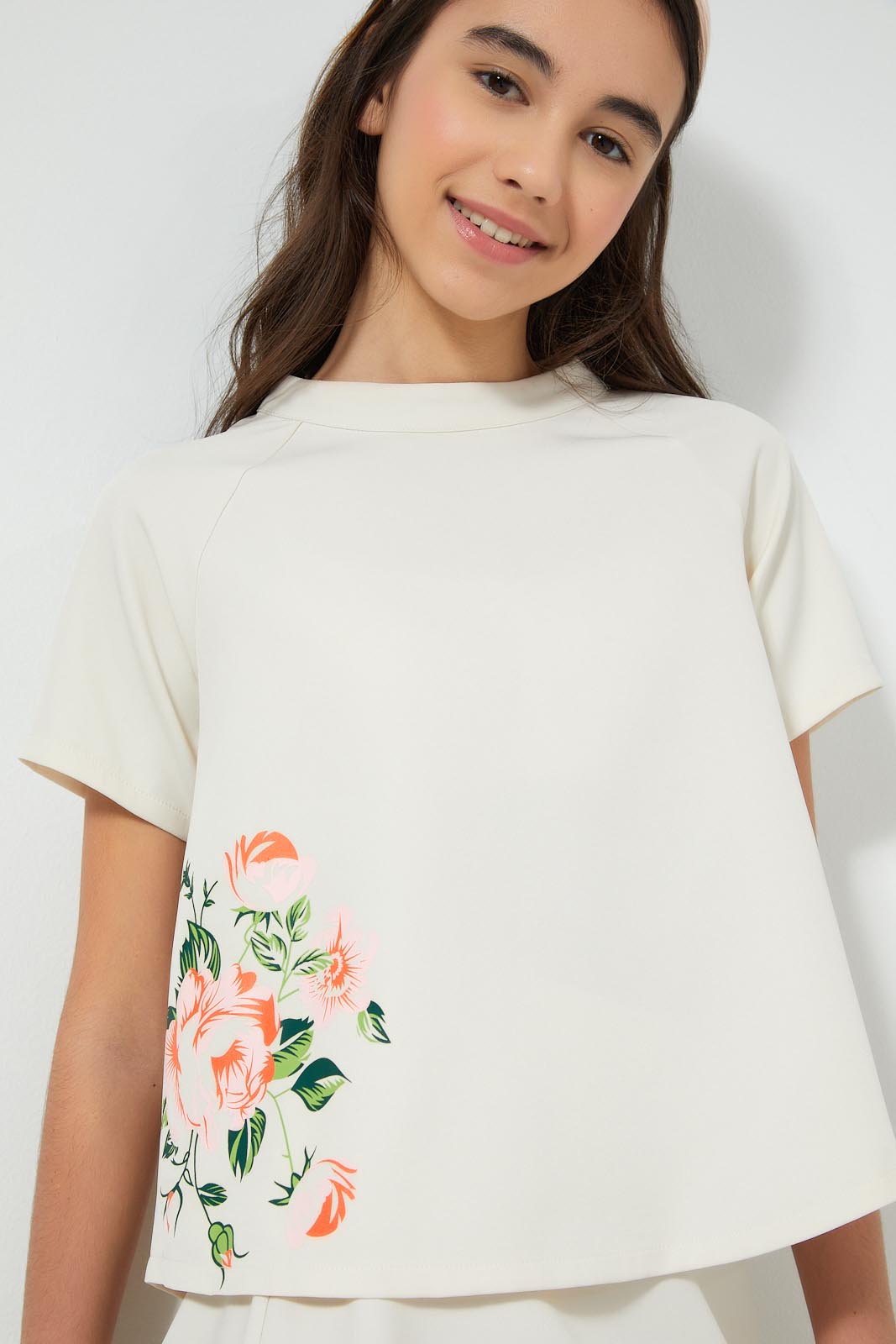 Redtag-Beige-High-Neck-Top-With-Print-Blouses-Senior-Girls-9 to 14 Years