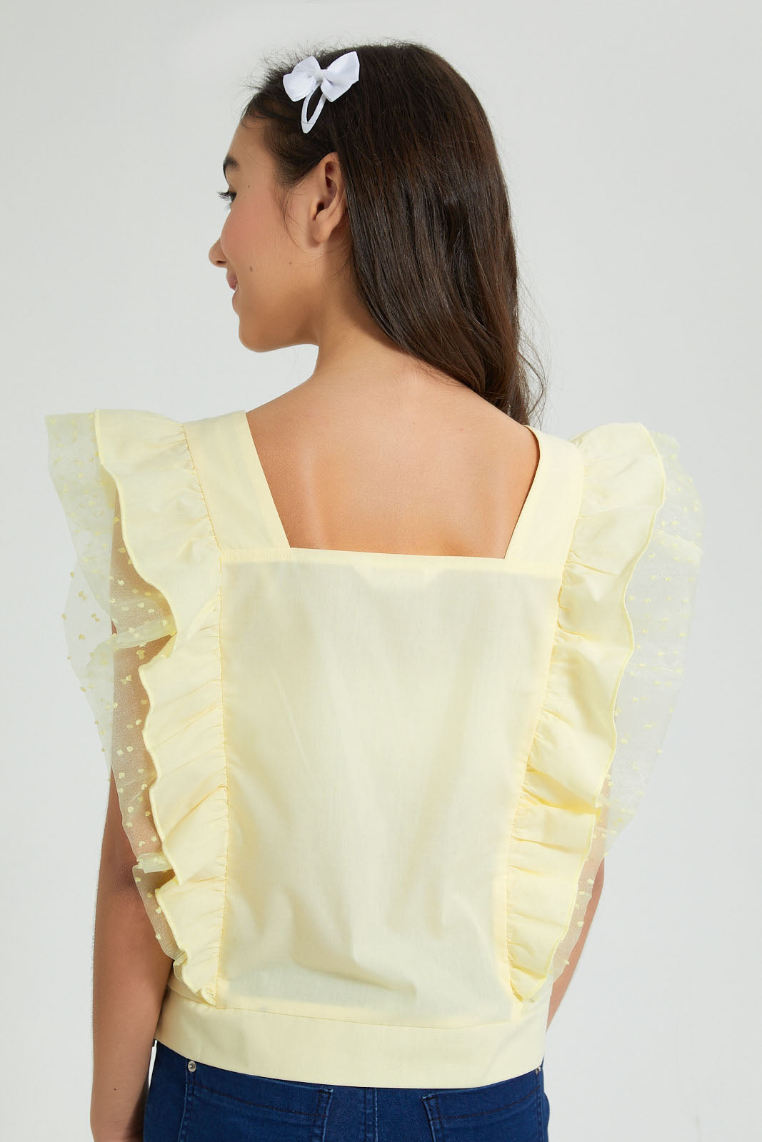Redtag-Yellow-Rufffled-Sleeve-Top-Blouses-Senior-Girls-9 to 14 Years