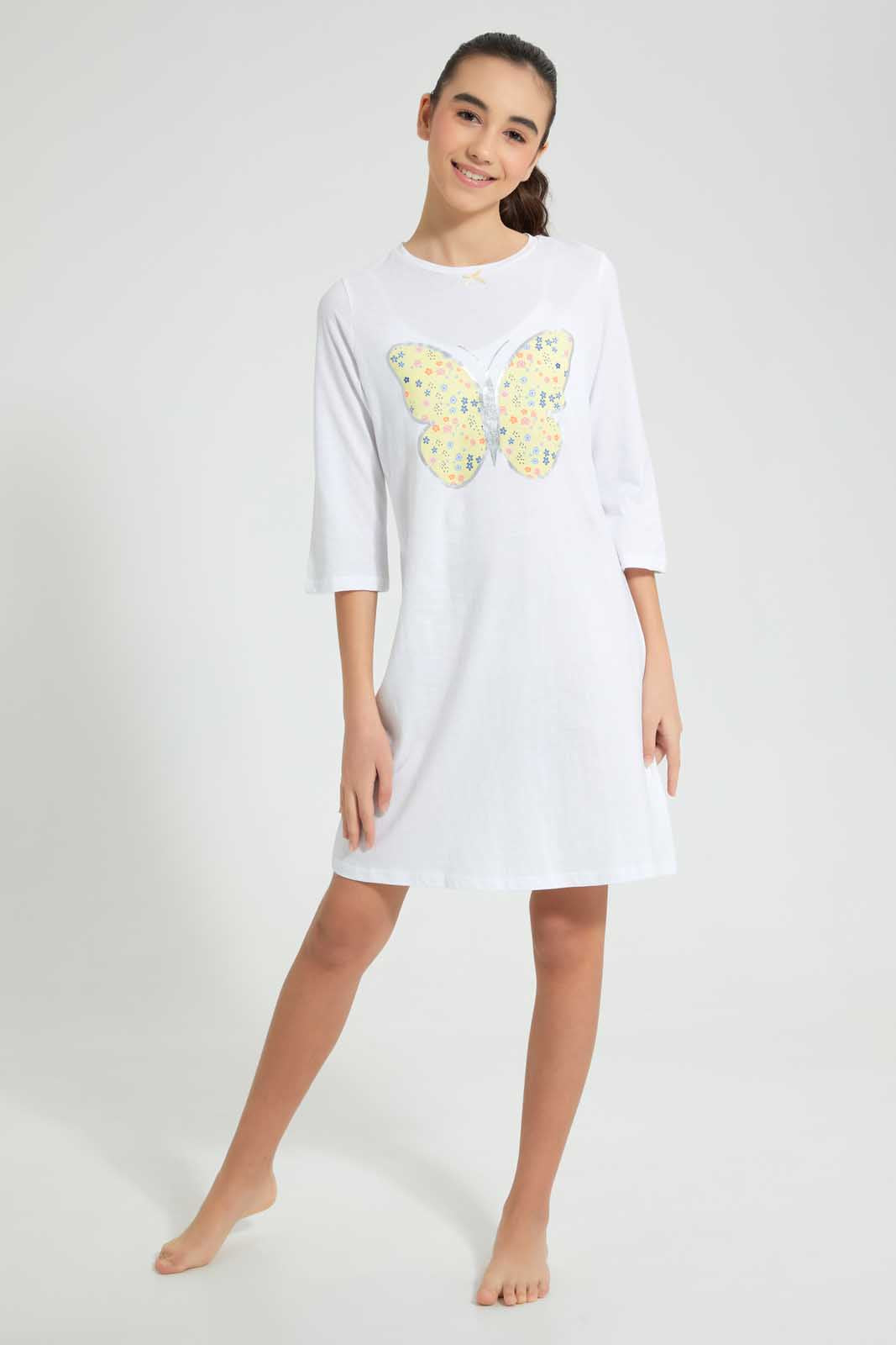 Redtag-Pink-3/4-Sleeve-Night-Dress-Nightshirts-Senior-Girls-9 to 14 Years