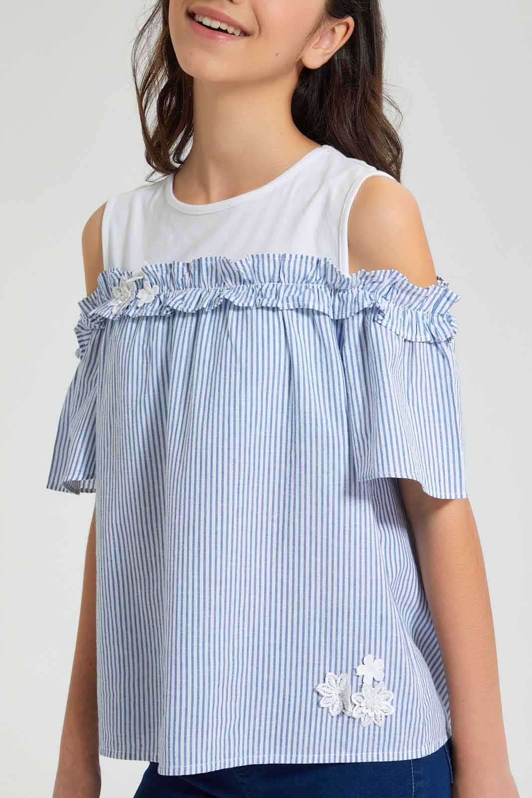 Redtag-White/Blue-Stripes-Cold-Shoulder-Blouses-Senior-Girls-9 to 14 Years