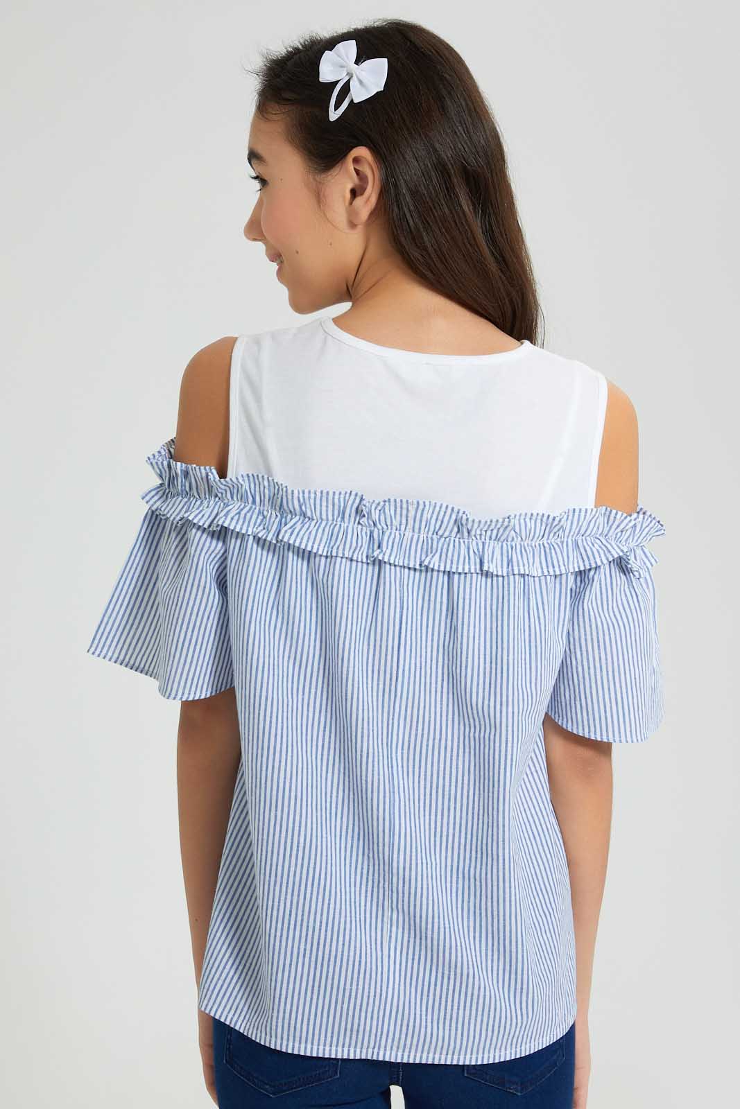 Redtag-White/Blue-Stripes-Cold-Shoulder-Blouses-Senior-Girls-9 to 14 Years