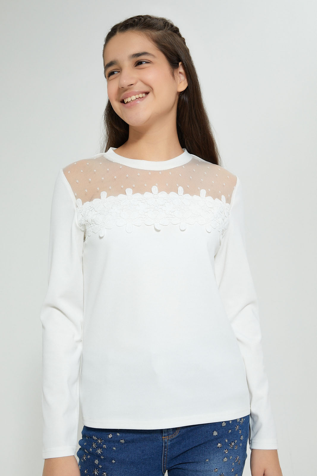 Redtag-White-L/S-Lace-Top-Long-Sleeves-Senior-Girls-9 to 14 Years