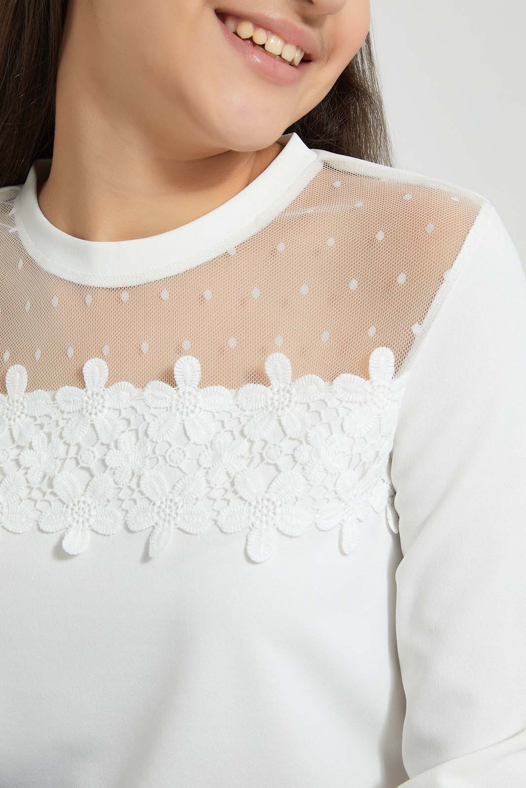 Redtag-White-L/S-Lace-Top-Long-Sleeves-Senior-Girls-9 to 14 Years