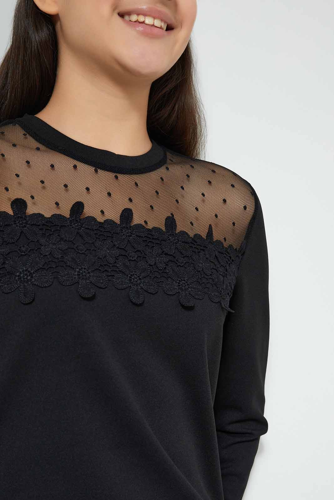 Redtag-Black-L/S-Lace-Top-Long-Sleeves-Senior-Girls-9 to 14 Years