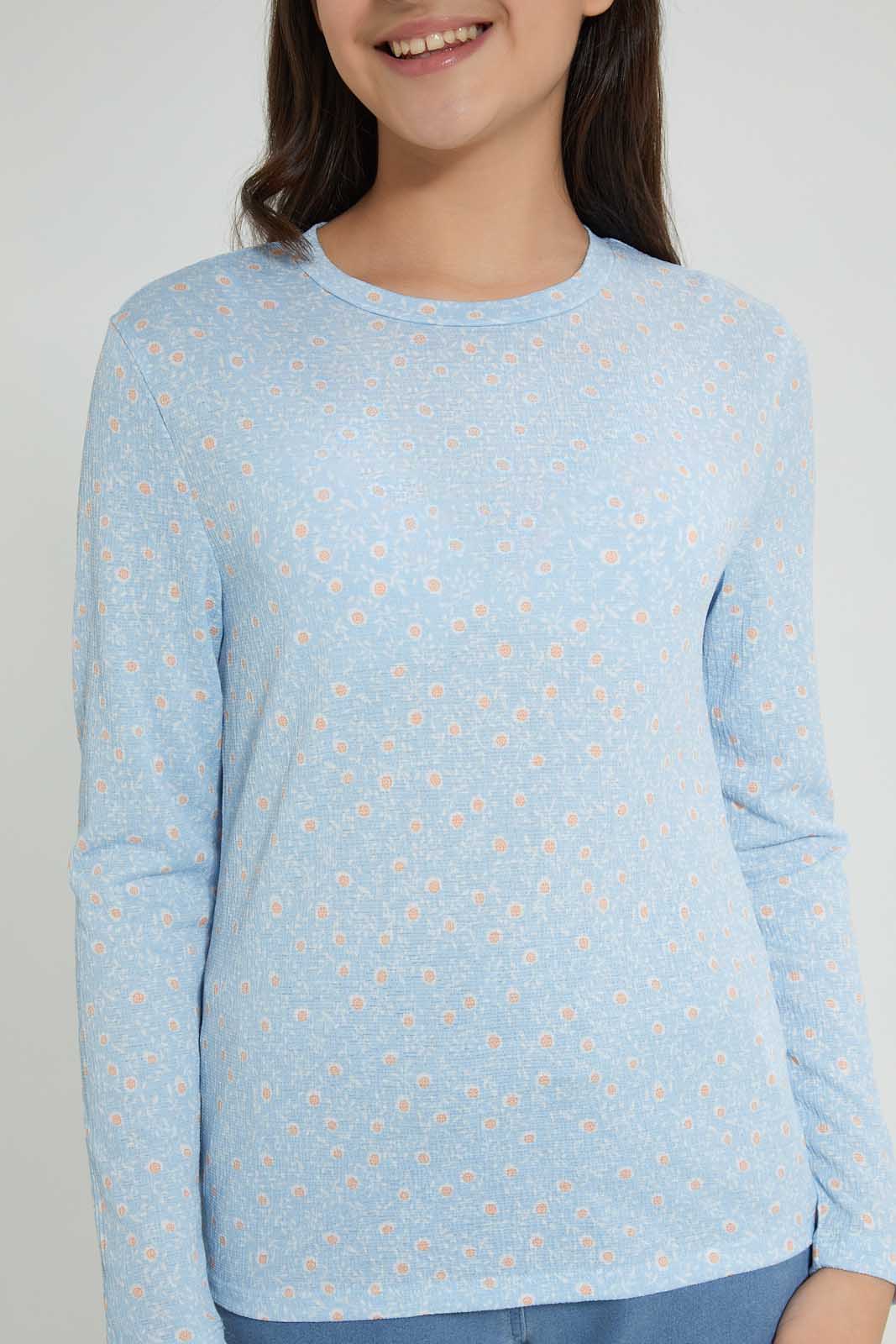 Blue Floral Print Long Sleeve T-Shirt