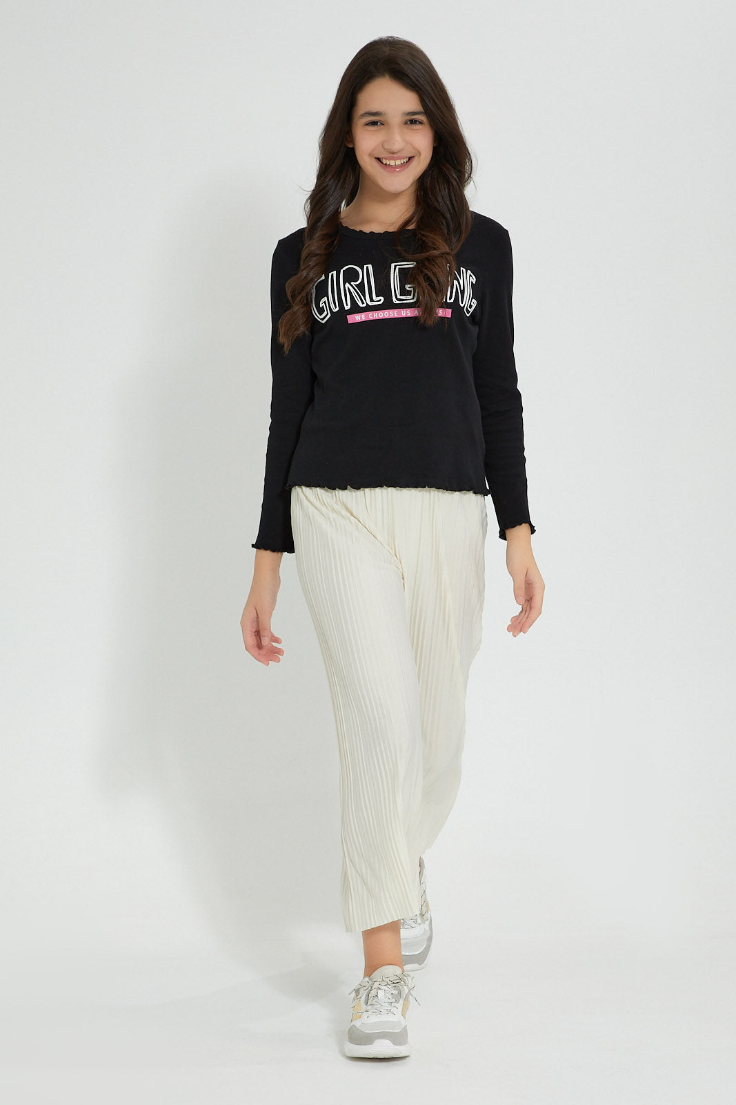Redtag-Black-Ruffled-Hd-Print-Long-Sleeve-T-Shirts-Plain-Senior-Girls-9 to 14 Years