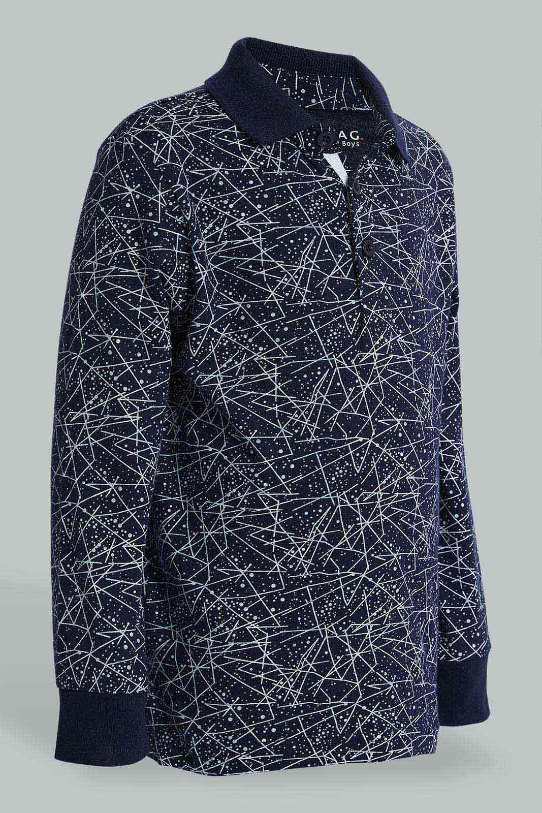 Redtag-Navy-Long-Sleeve-Splat-Print-Polo-Shirt-Polo-Shirts-Boys-2 to 8 Years