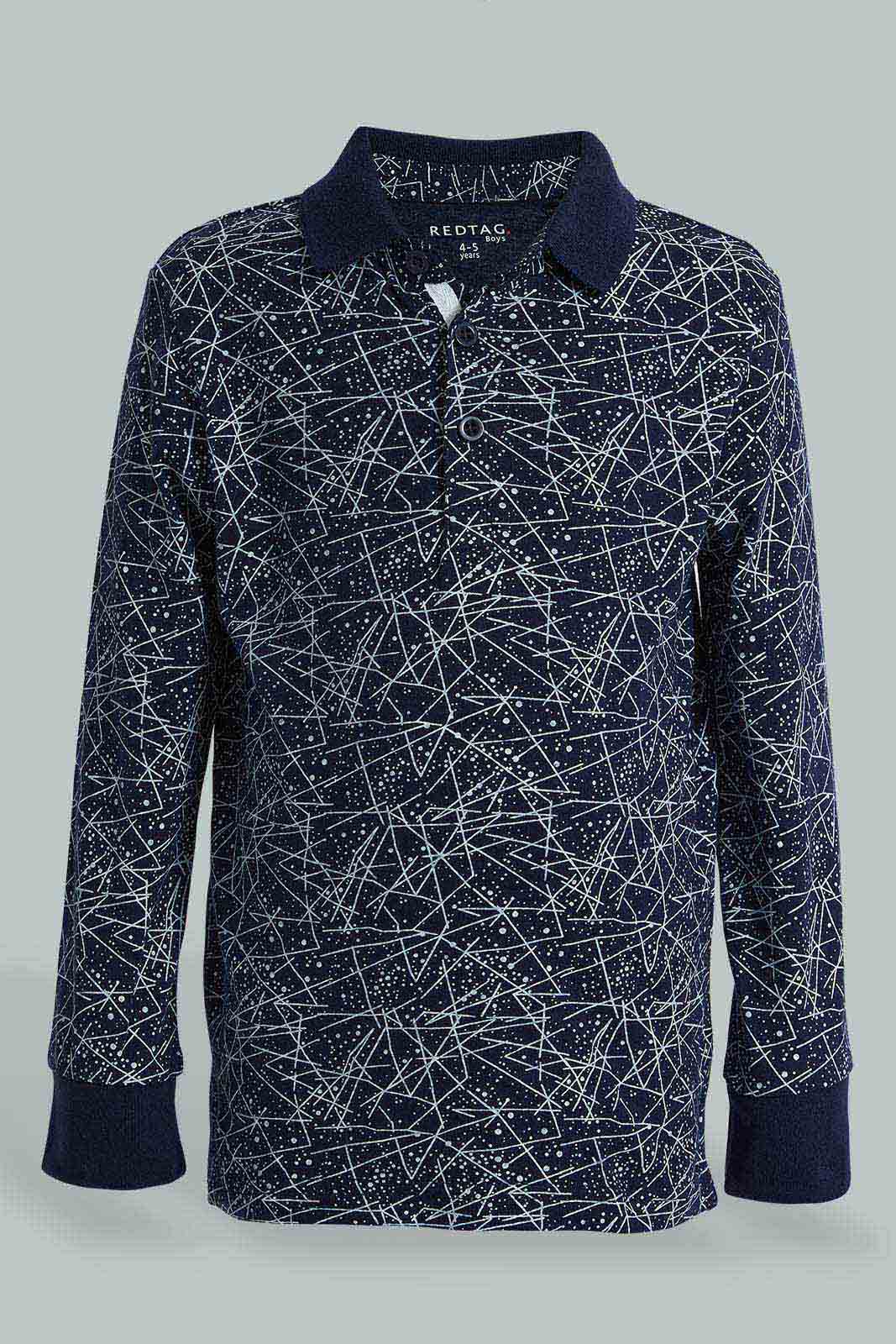 Redtag-Navy-Long-Sleeve-Splat-Print-Polo-Shirt-Polo-Shirts-Boys-2 to 8 Years