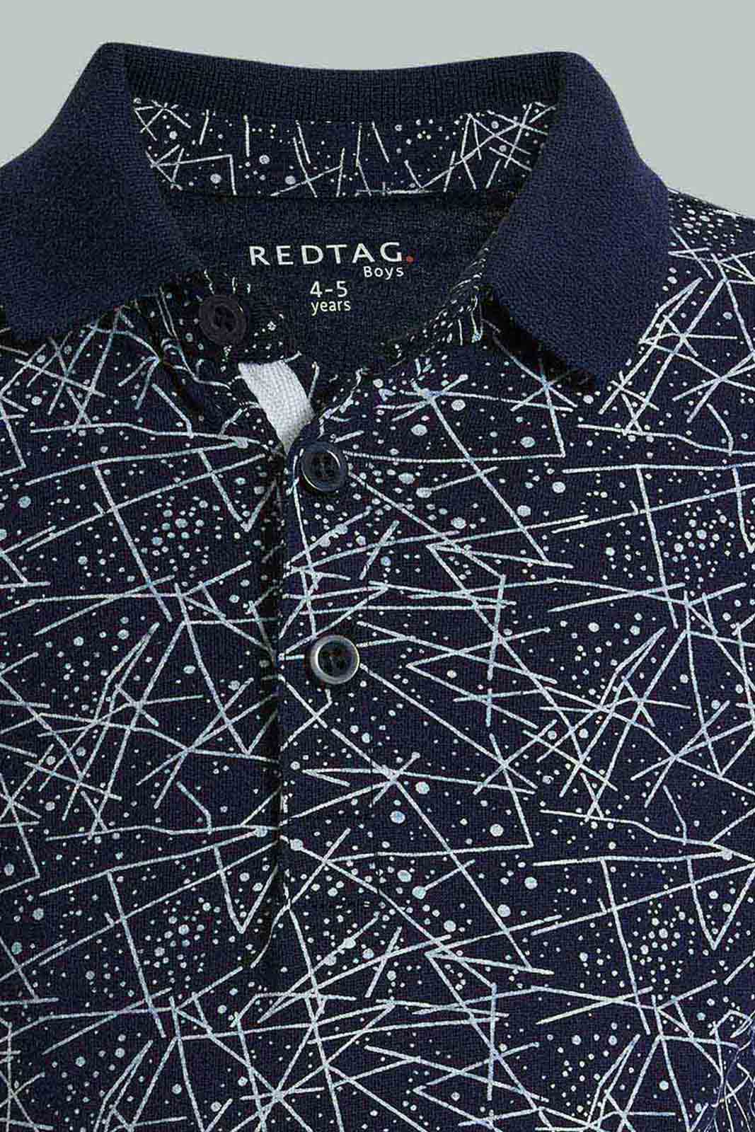 Redtag-Navy-Long-Sleeve-Splat-Print-Polo-Shirt-Polo-Shirts-Boys-2 to 8 Years