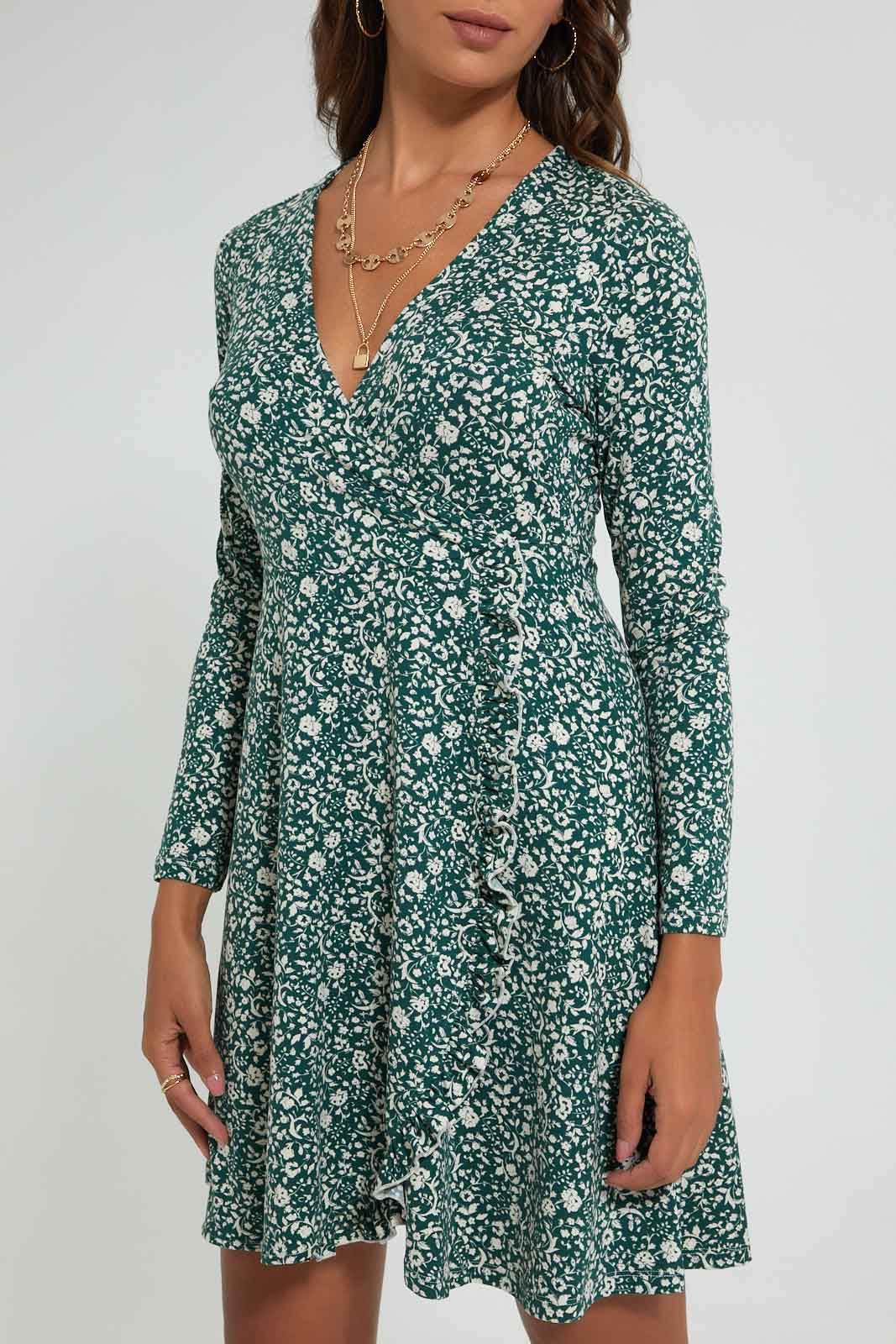 Redtag-Green-Ditsy-Printed-Wrap-Front-Dress-Dresses-Women's-0
