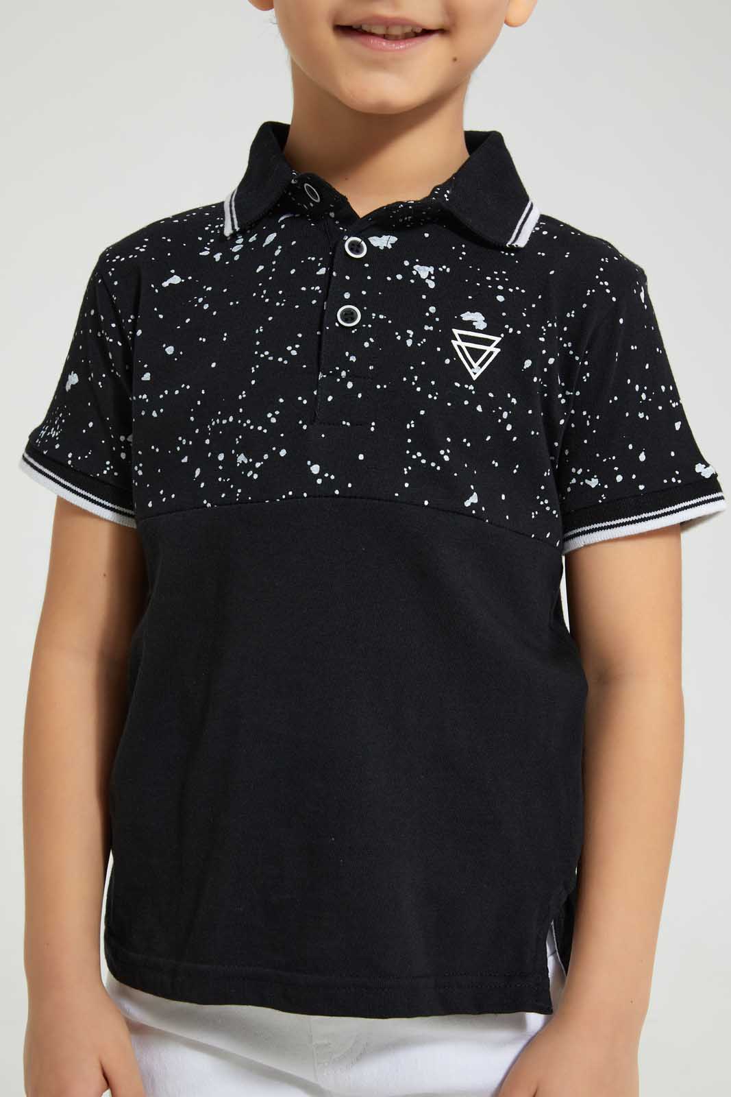 Redtag-Black-Splat-Print-Cut-&-Sew-Polo-Polo-Shirts-Boys-2 to 8 Years