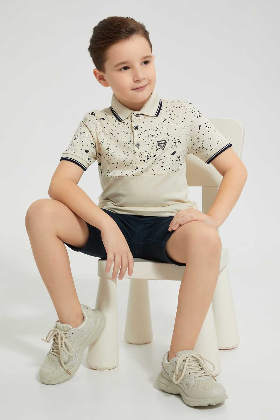 Redtag-Beige-Splat-Print-Cut-&-Sew-Polo-Polo-Shirts-Boys-2 to 8 Years