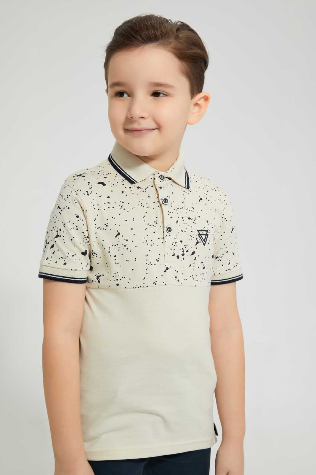 Redtag-Beige-Splat-Print-Cut-&-Sew-Polo-Polo-Shirts-Boys-2 to 8 Years