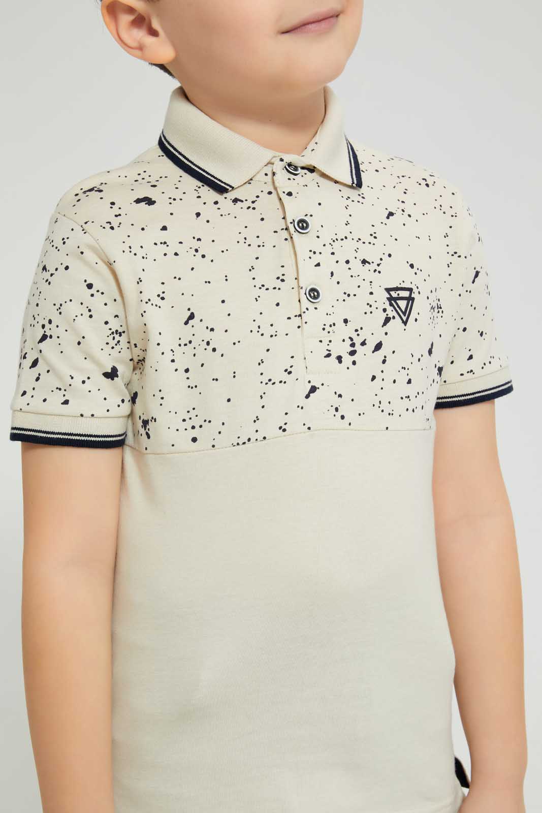 Redtag-Beige-Splat-Print-Cut-&-Sew-Polo-Polo-Shirts-Boys-2 to 8 Years