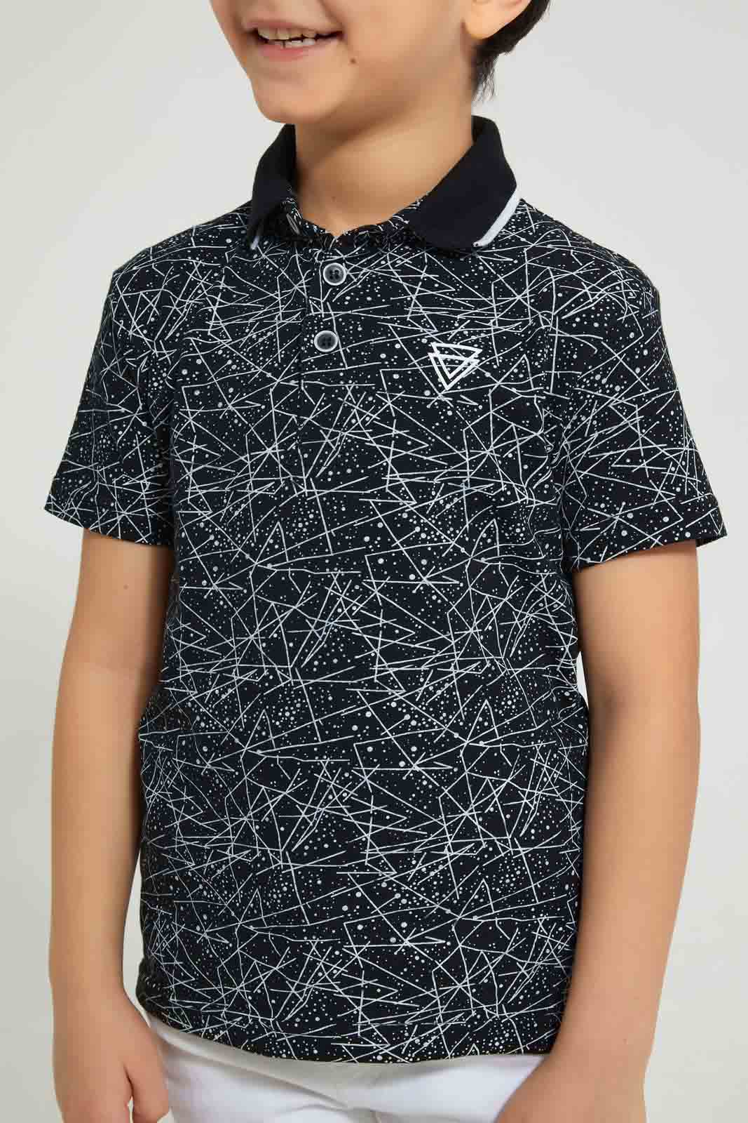 Redtag-Black-Splat-Print-Short-Sleeve-Polo-Shirt-Polo-Shirts-Boys-2 to 8 Years