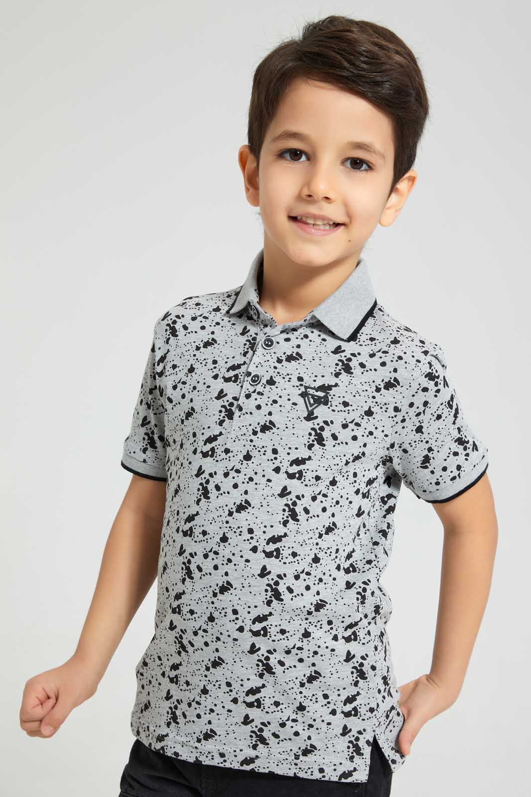 Redtag-Grey-Splat-Print-Short-Sleeve-Polo-Shirt-Polo-Shirts-Boys-2 to 8 Years