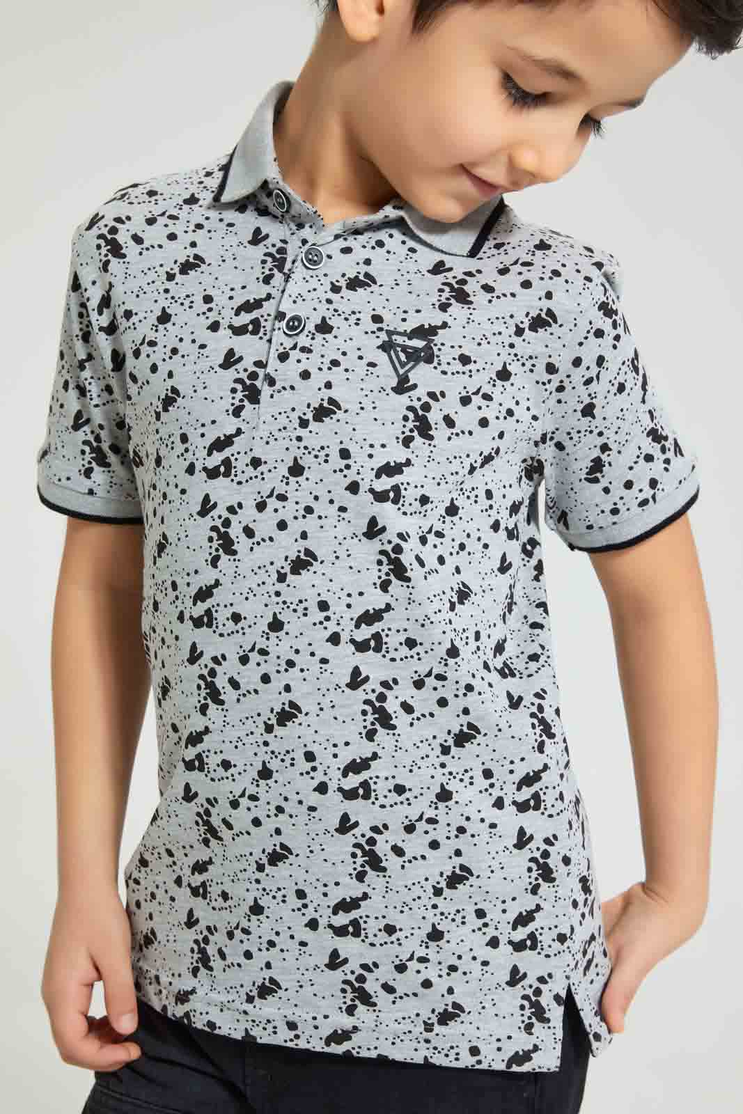 Redtag-Grey-Splat-Print-Short-Sleeve-Polo-Shirt-Polo-Shirts-Boys-2 to 8 Years