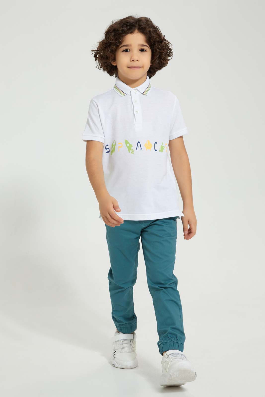 Redtag-White-Print-Polo-With-Tipping-Collar-Polo-Shirts-Boys-2 to 8 Years