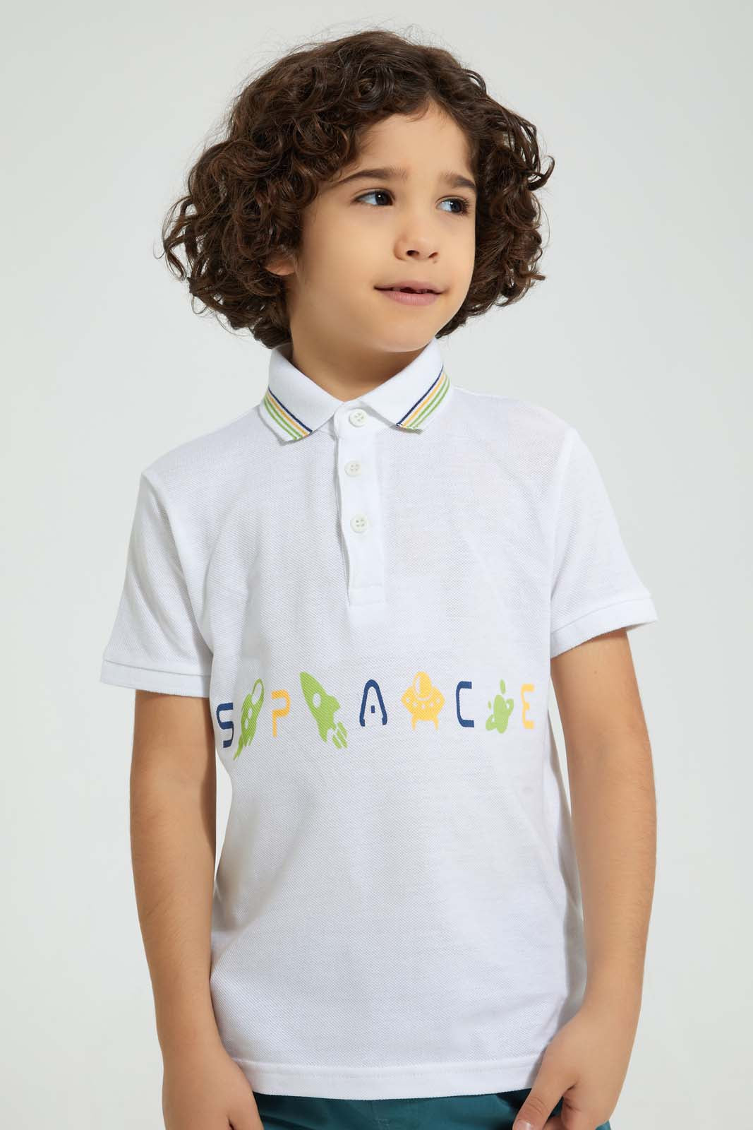 Redtag-White-Print-Polo-With-Tipping-Collar-Polo-Shirts-Boys-2 to 8 Years