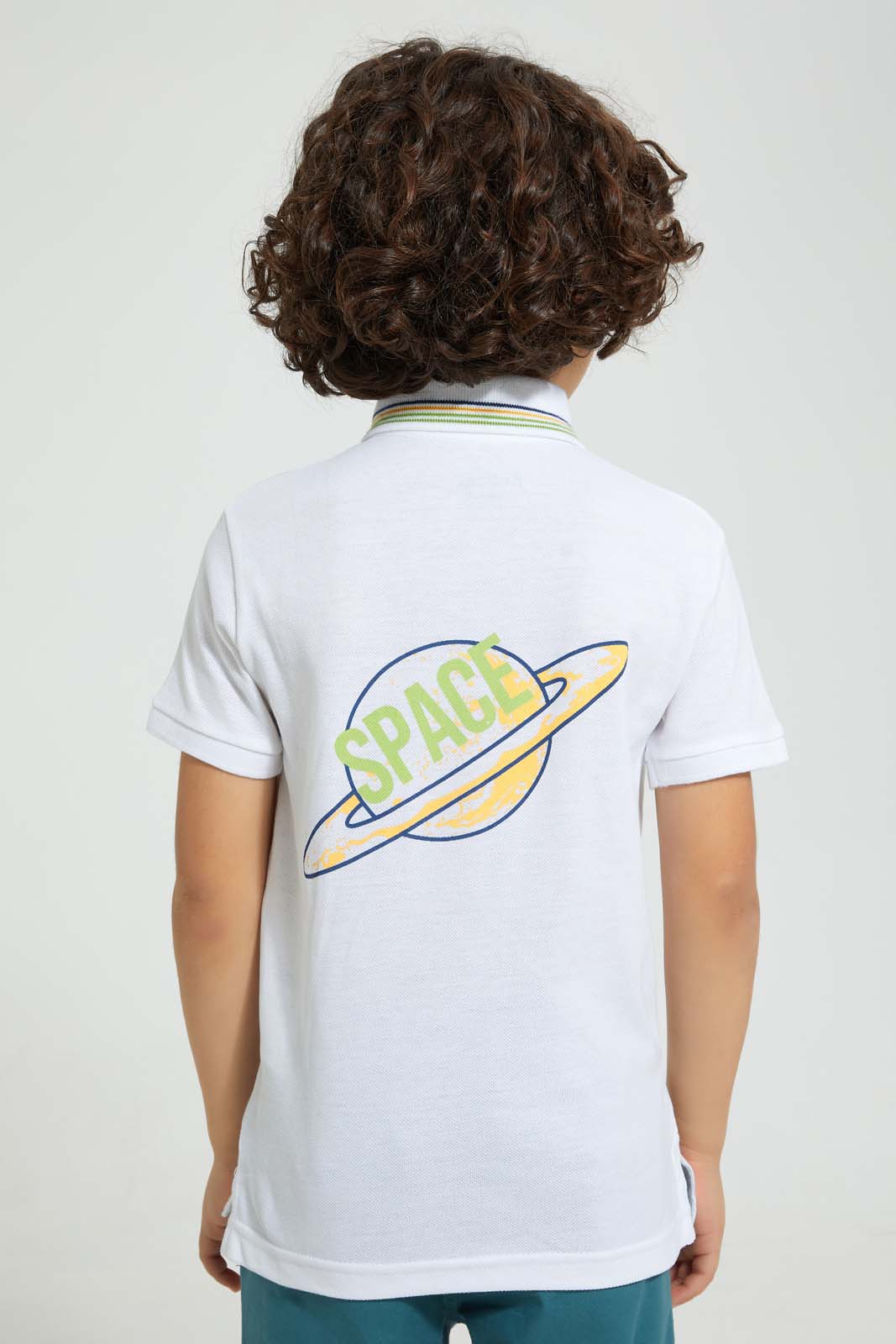 Redtag-White-Print-Polo-With-Tipping-Collar-Polo-Shirts-Boys-2 to 8 Years