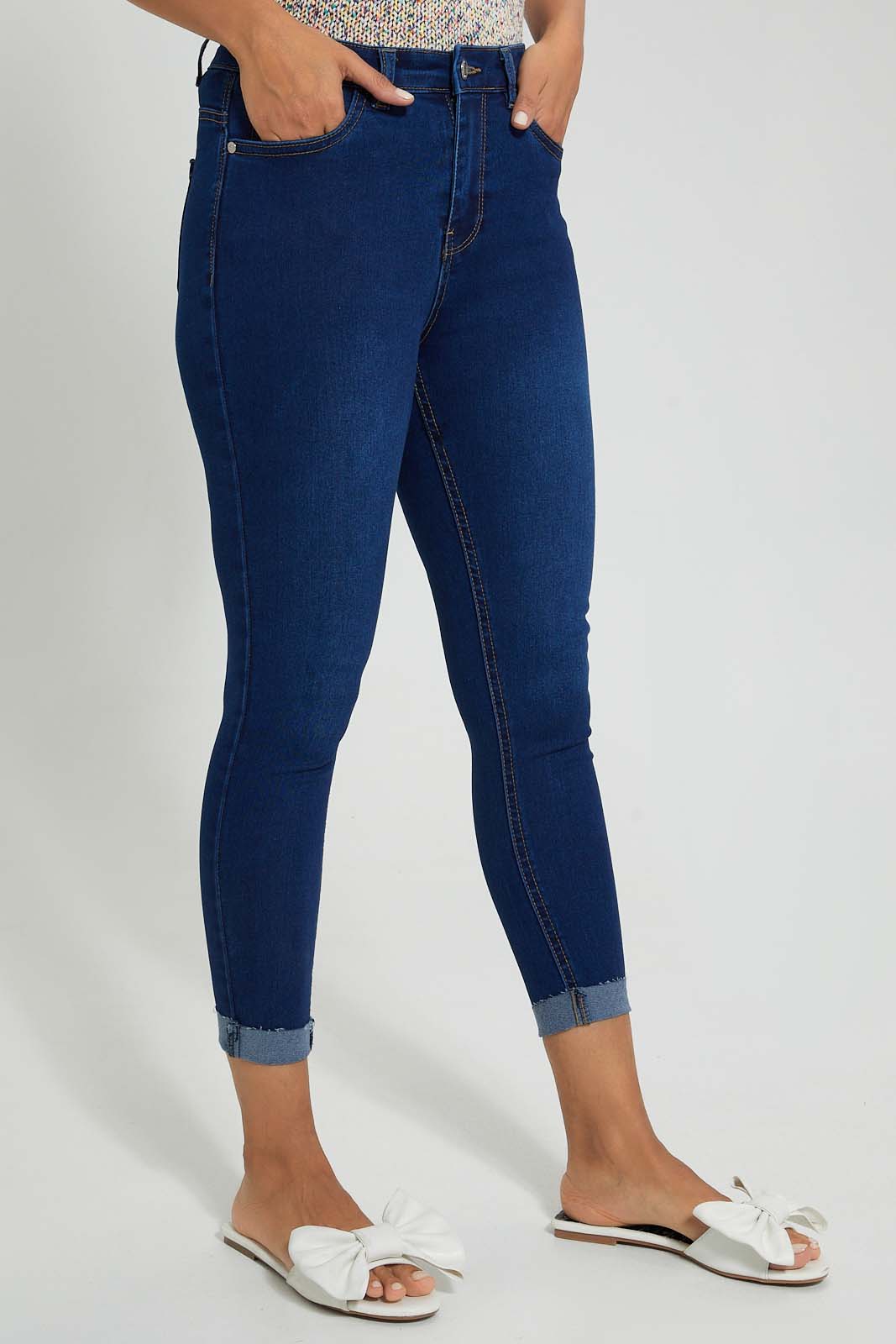 Redtag-Indigo-Mid-Waist-Jean-With-Folded-Hem-Jeans-Skinny-Fit-Women's-