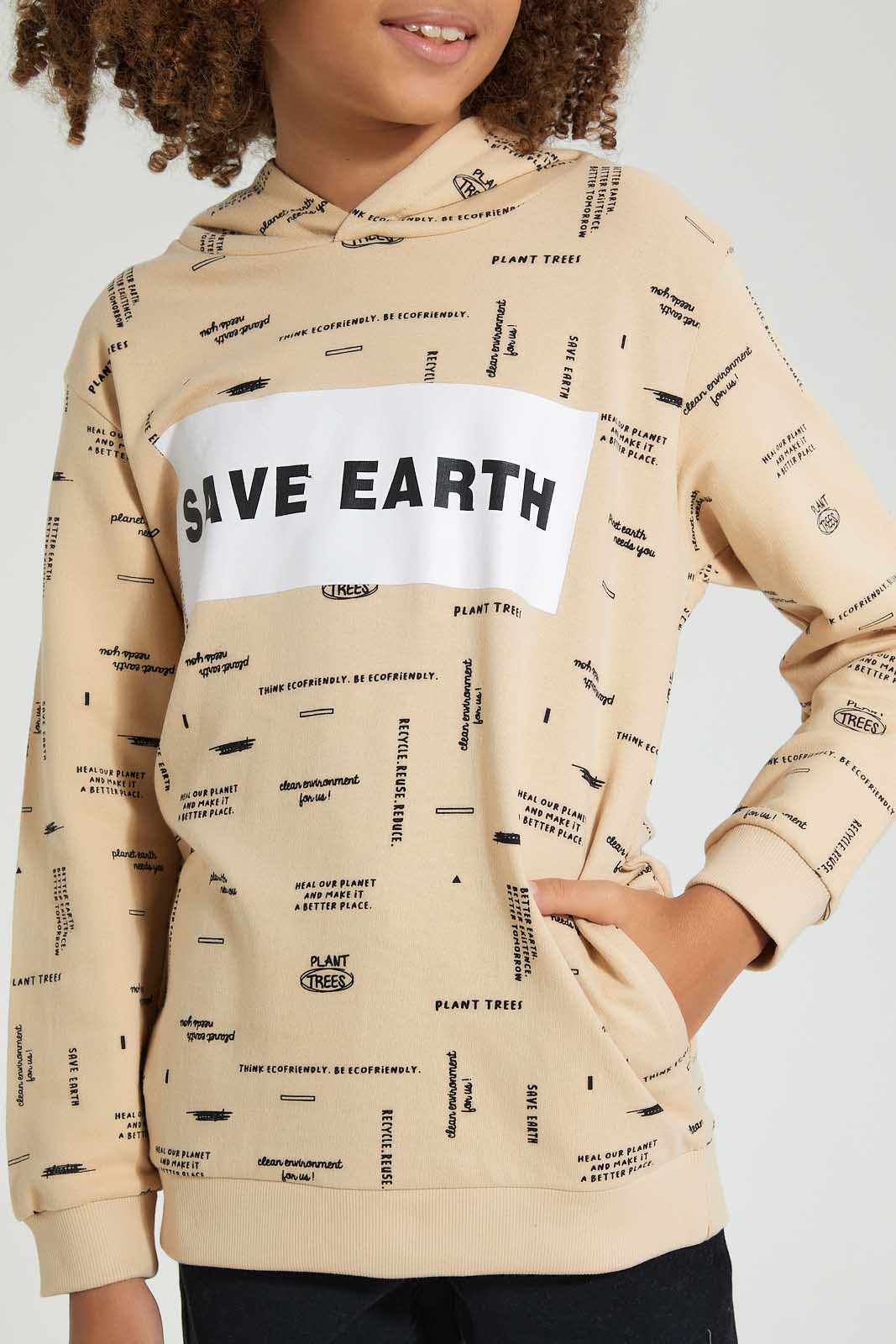 Redtag-Beige-Save-The-Earth-Sweatshirt-Sweatshirts-Senior-Boys-9 to 14 Years
