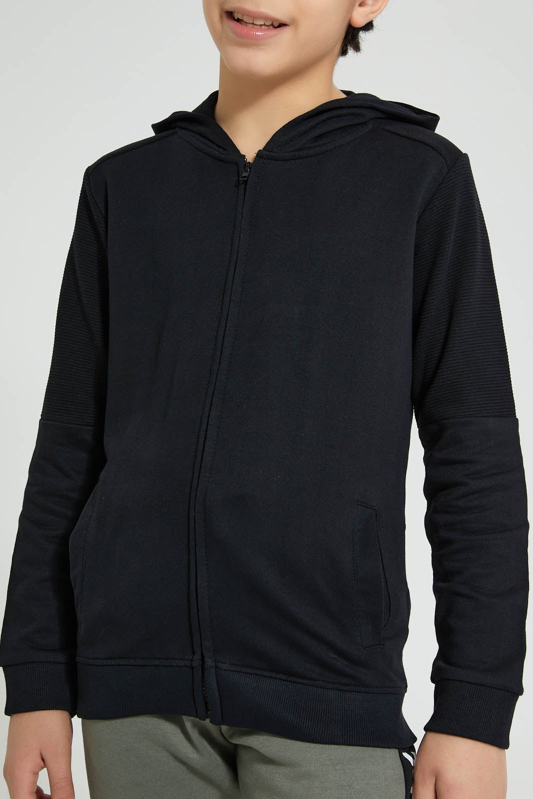 Redtag-Black-Ottoman-On-Sleeve-SweaT-Shirt-Sweatshirts-Senior-Boys-9 to 14 Years