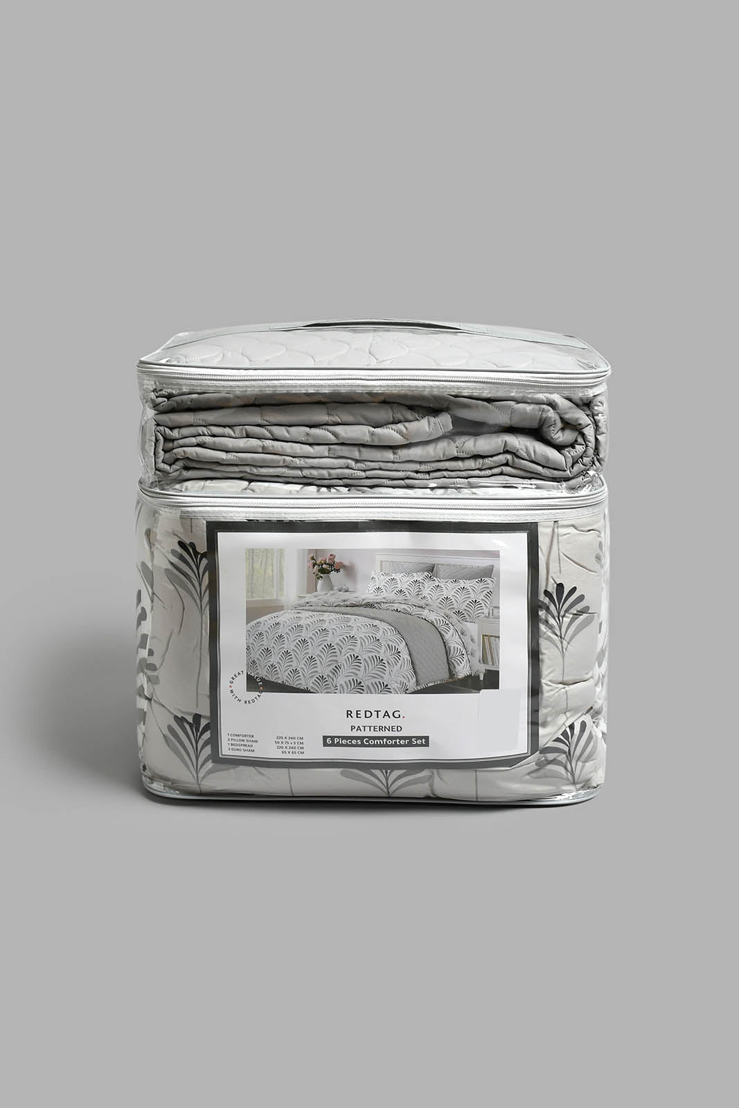 Redtag-Grey-Leaf-Print-6-Piece-Comforter-Set-(Double-Size)-Comforters-Home-Bedroom-