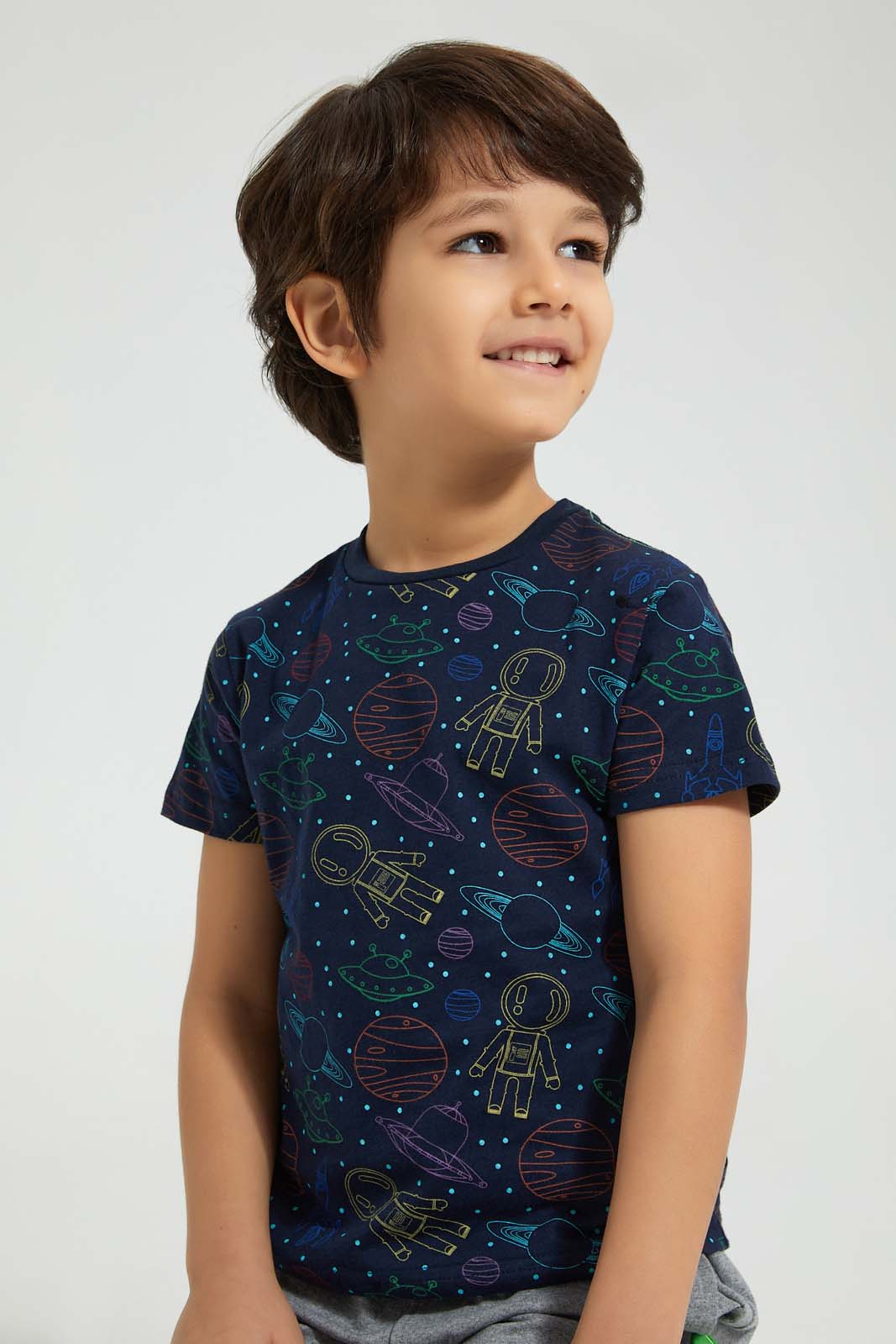 Redtag-Navy-Space-Printed-T-Shirt-And-Shorts-Set-Sets-Boys-2 to 8 Years