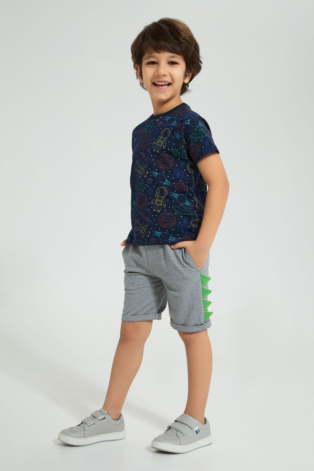 Redtag-Navy-Space-Printed-T-Shirt-And-Shorts-Set-Sets-Boys-2 to 8 Years
