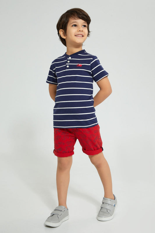 Redtag-Navy-Stripe-T-Shirt-With-Woven-Shorts-Set-Sets-Boys-2 to 8 Years