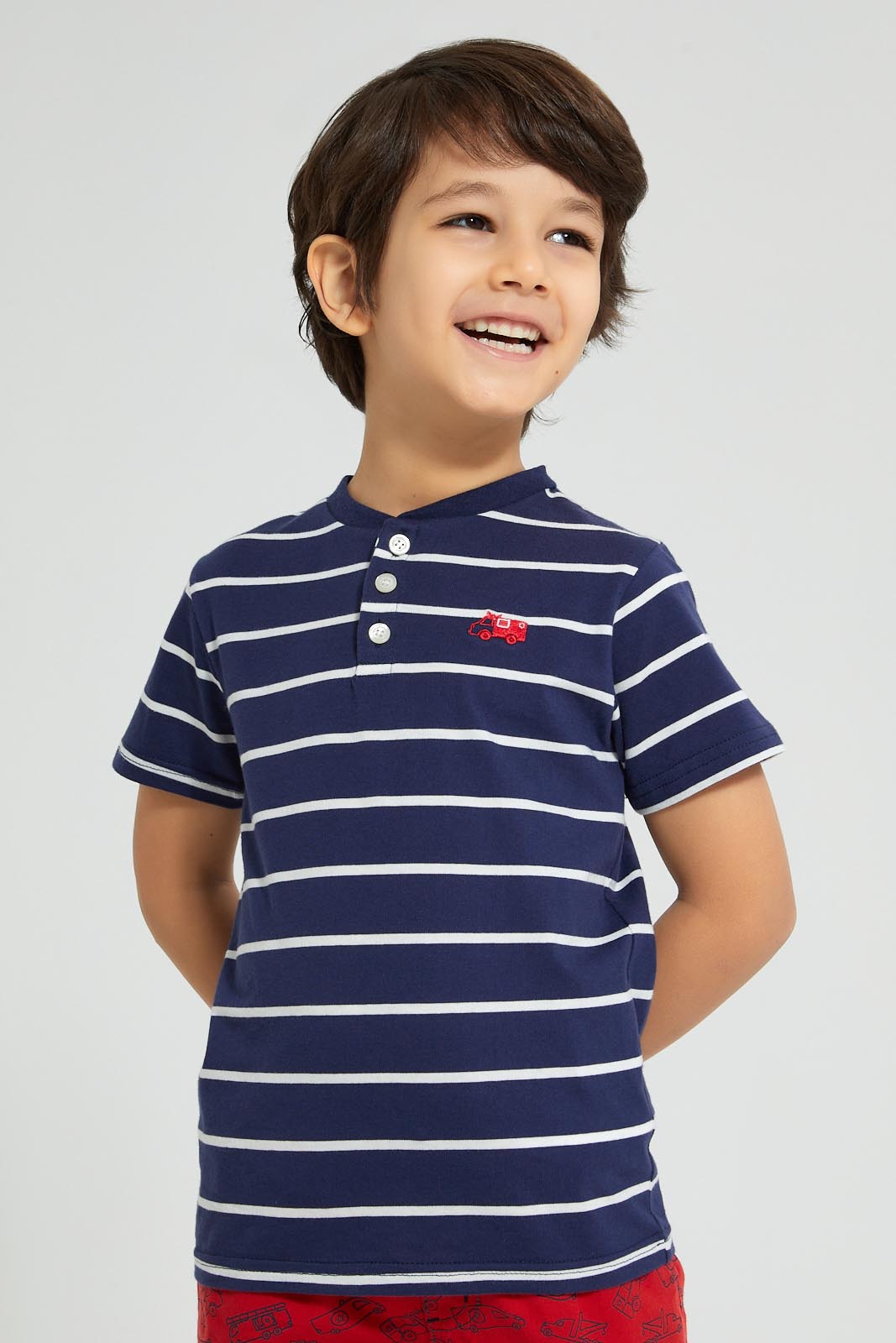 Redtag-Navy-Stripe-T-Shirt-With-Woven-Shorts-Set-Sets-Boys-2 to 8 Years