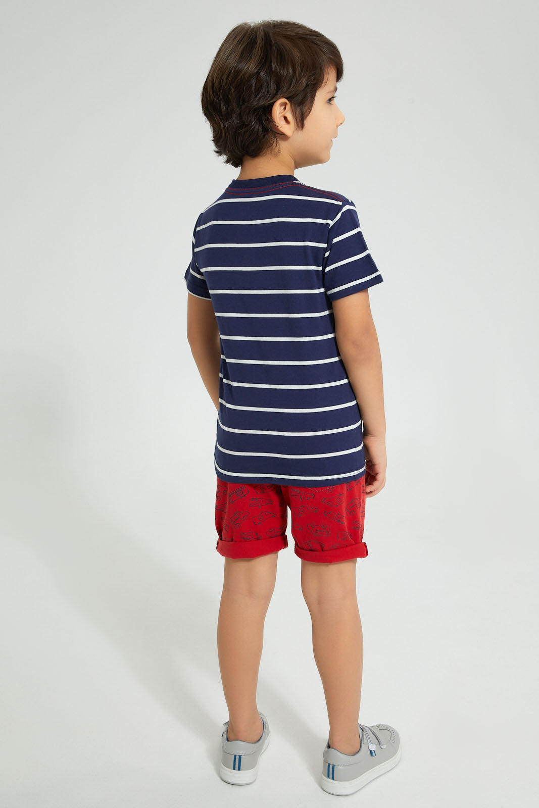 Redtag-Navy-Stripe-T-Shirt-With-Woven-Shorts-Set-Sets-Boys-2 to 8 Years