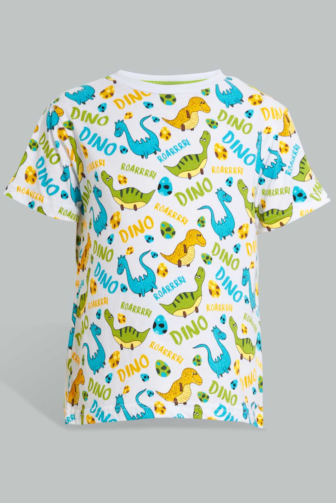 Redtag-White-Dino-Aop-T-Shirt-And-Short-Set-Sets-Boys-2 to 8 Years
