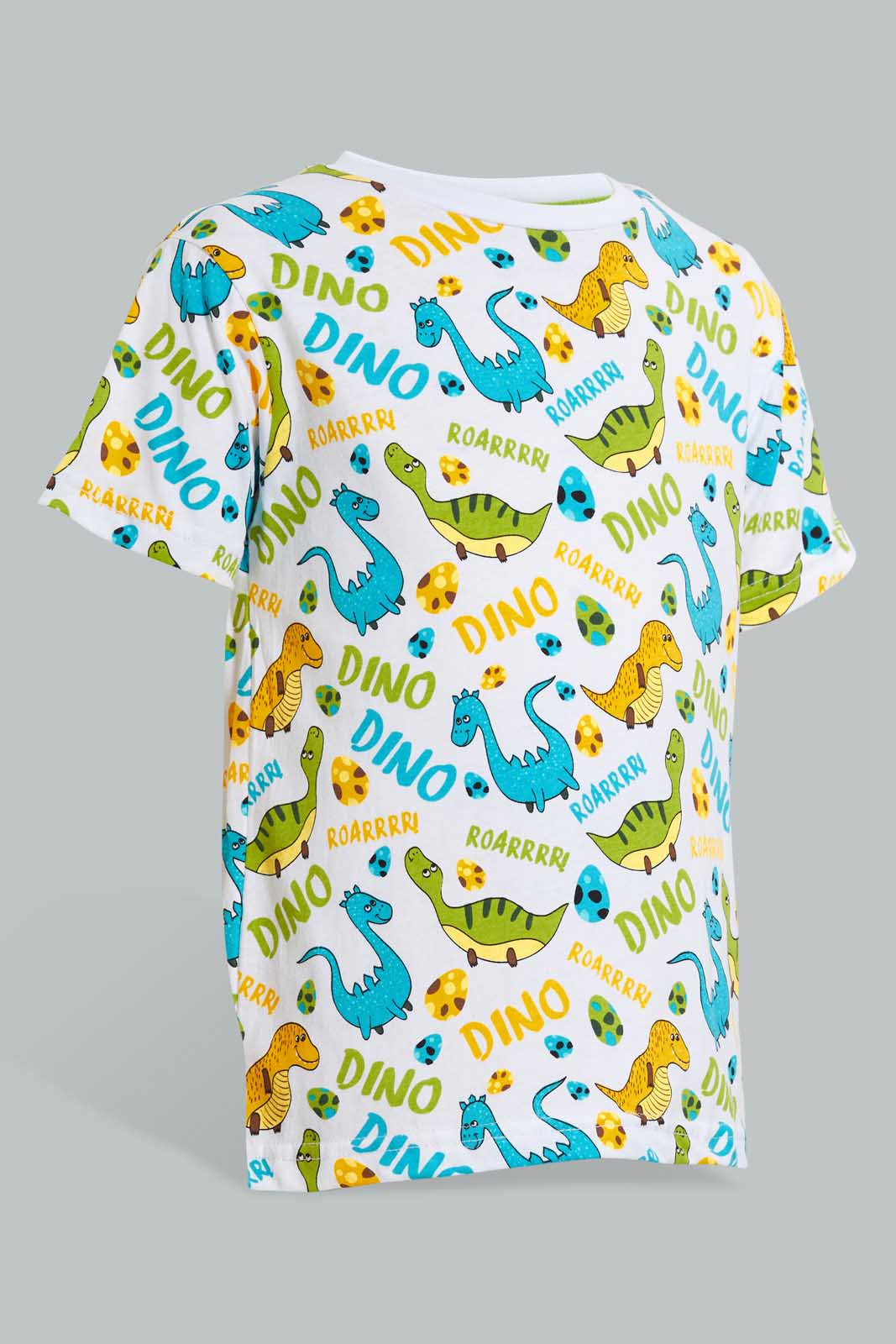Redtag-White-Dino-Aop-T-Shirt-And-Short-Set-Sets-Boys-2 to 8 Years