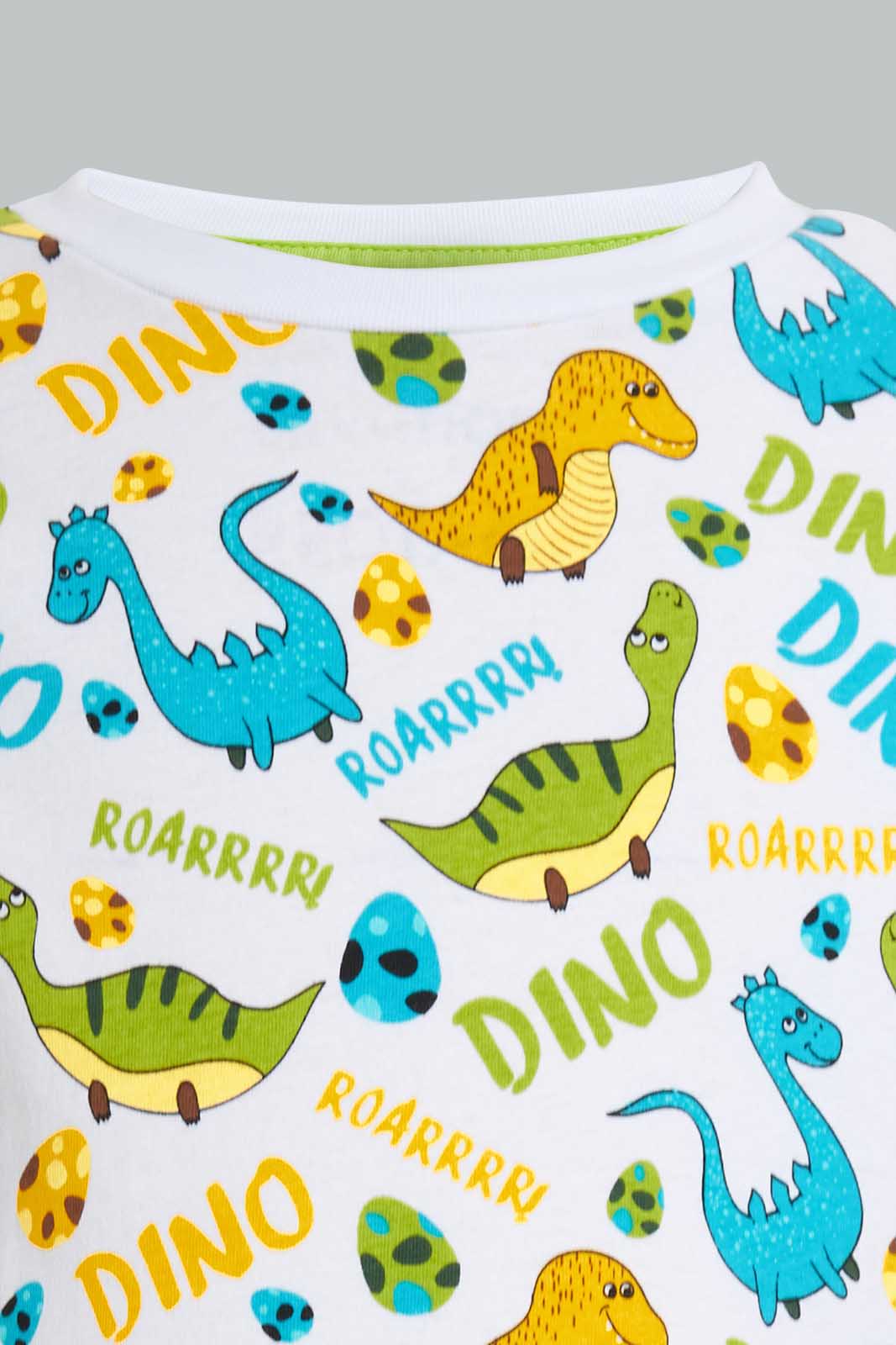 Redtag-White-Dino-Aop-T-Shirt-And-Short-Set-Sets-Boys-2 to 8 Years