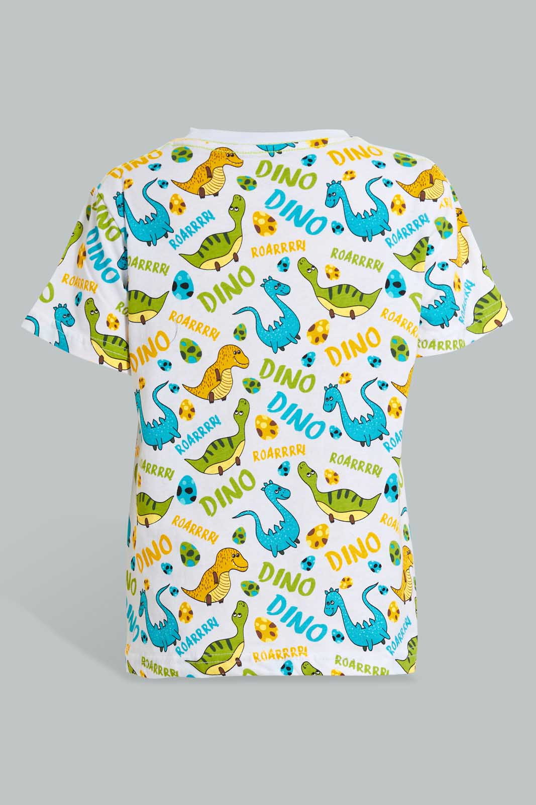 Redtag-White-Dino-Aop-T-Shirt-And-Short-Set-Sets-Boys-2 to 8 Years