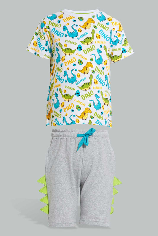 Redtag-White-Dino-Aop-T-Shirt-And-Short-Set-Sets-Boys-2 to 8 Years