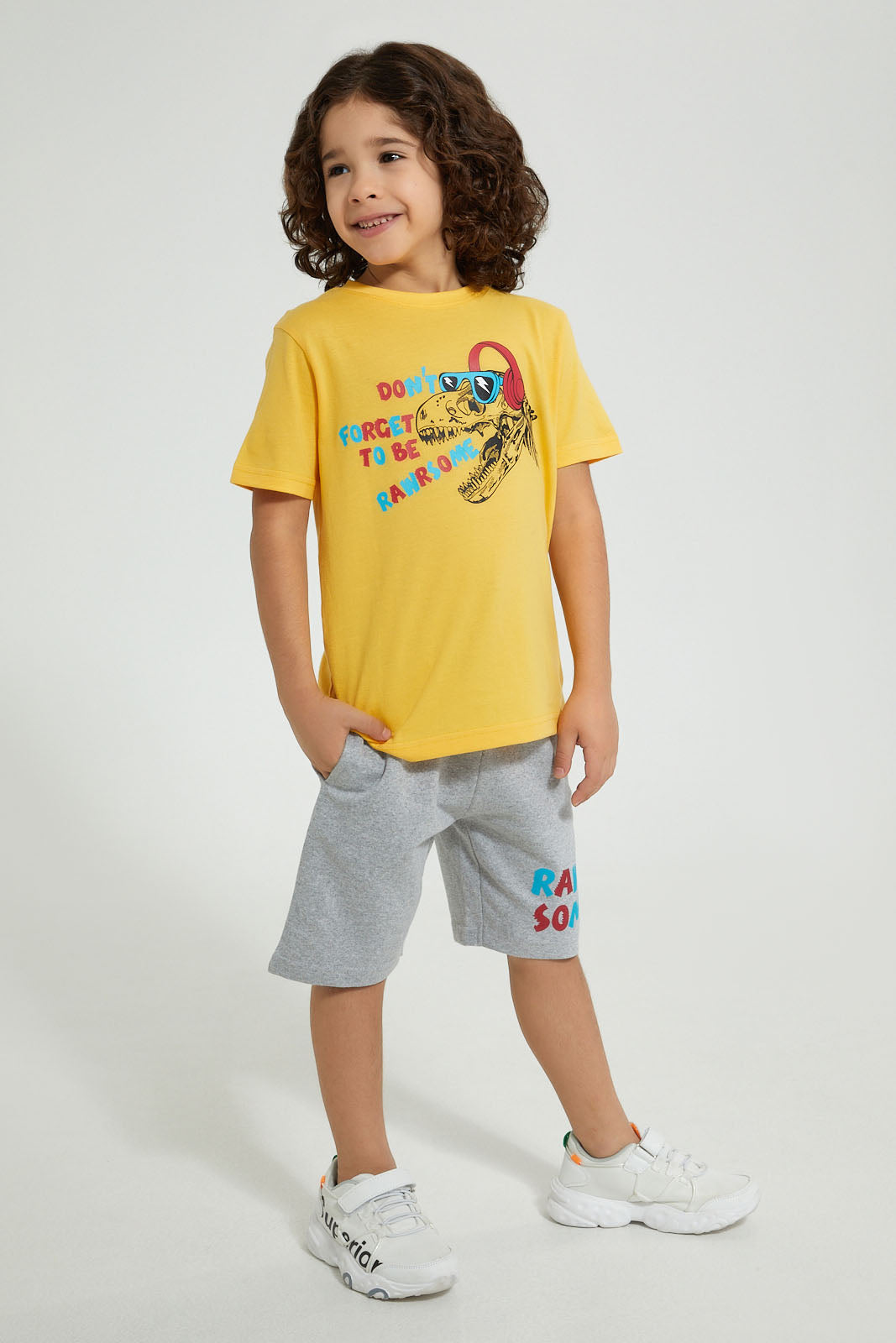 Redtag-Gold-Dino-Print-T-Shirt-And-Shorts-Set-Sets-Boys-2 to 8 Years