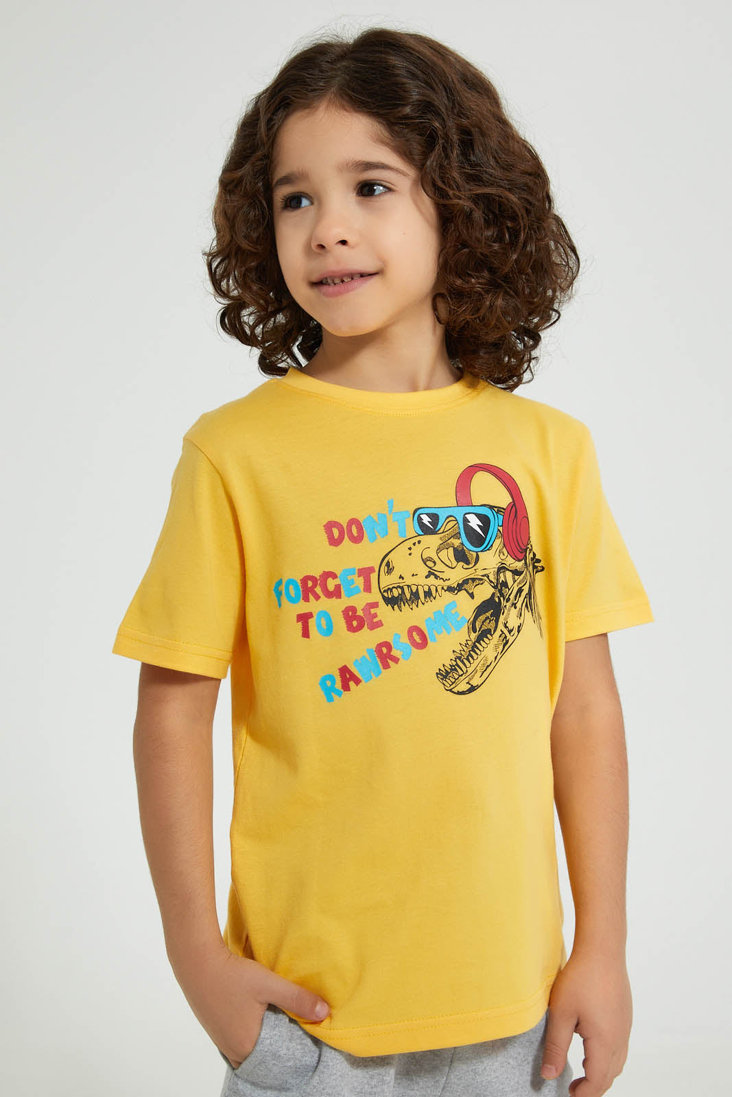 Redtag-Gold-Dino-Print-T-Shirt-And-Shorts-Set-Sets-Boys-2 to 8 Years